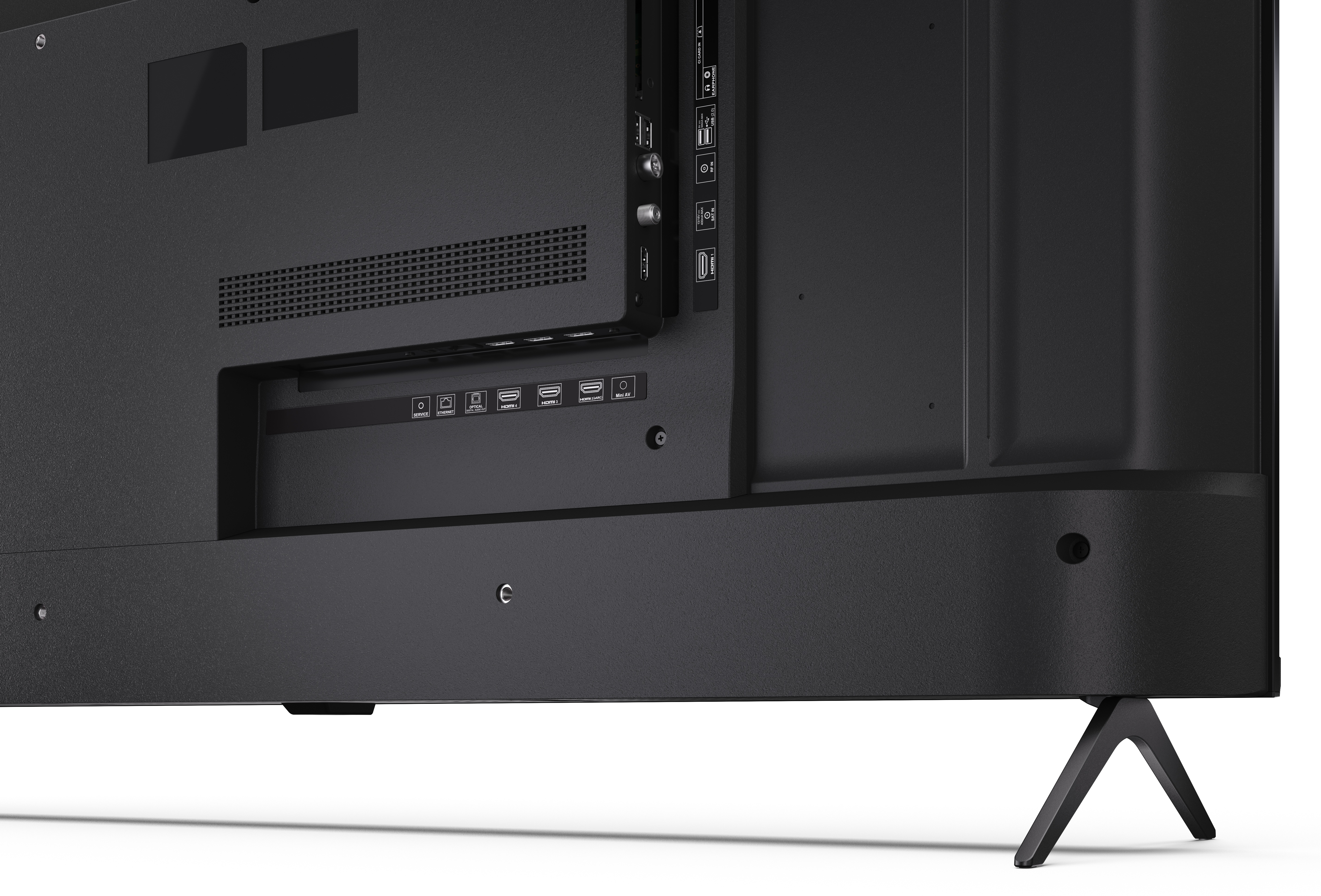 Zbliżenie na tył czarnego telewizora. Widoczne są różne porty i stojak.