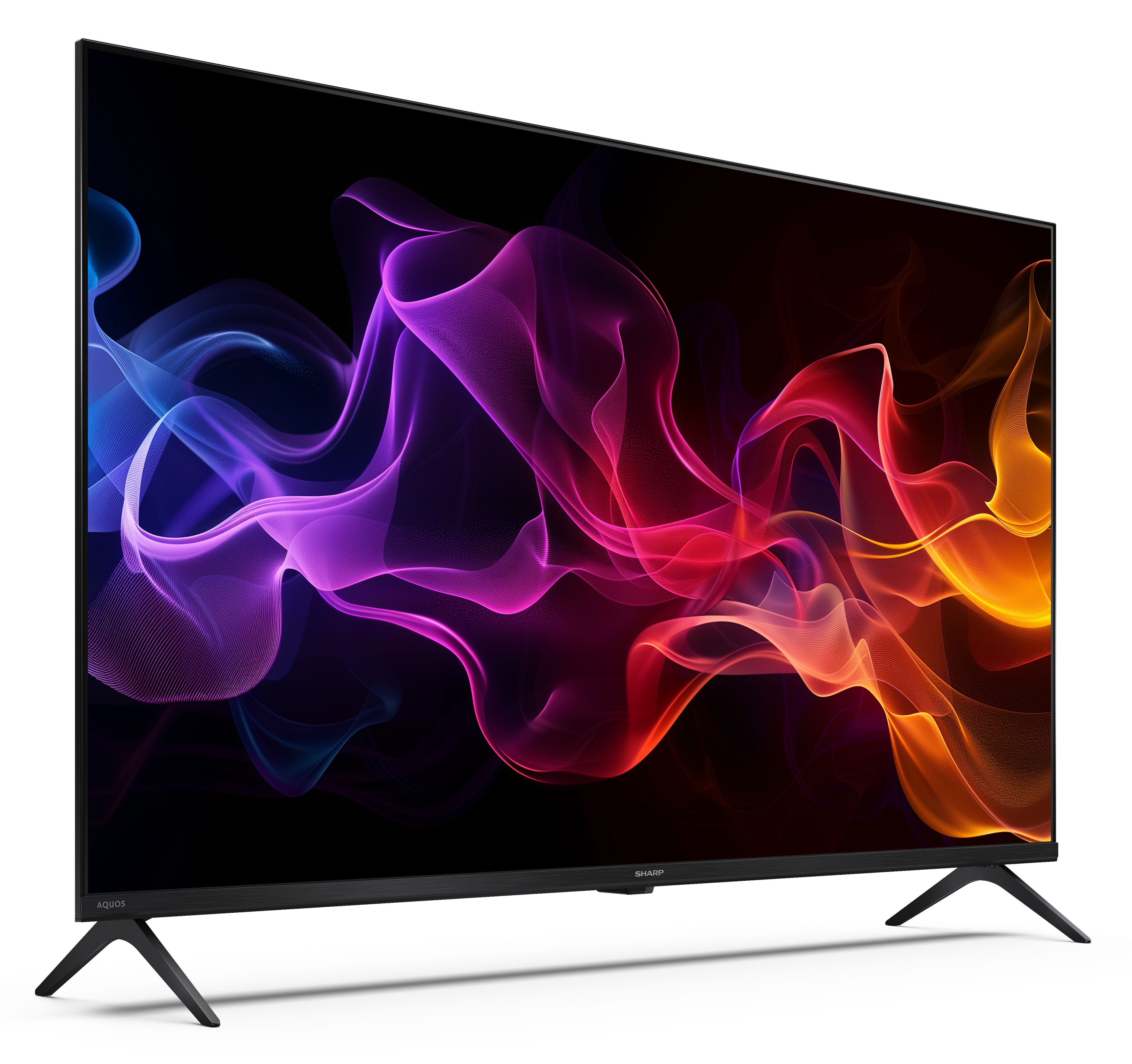 Czarny telewizor SHARP wyświetla kolorowy, abstrakcyjny wzór. Ma czarne nogi i ramę na białym tle.