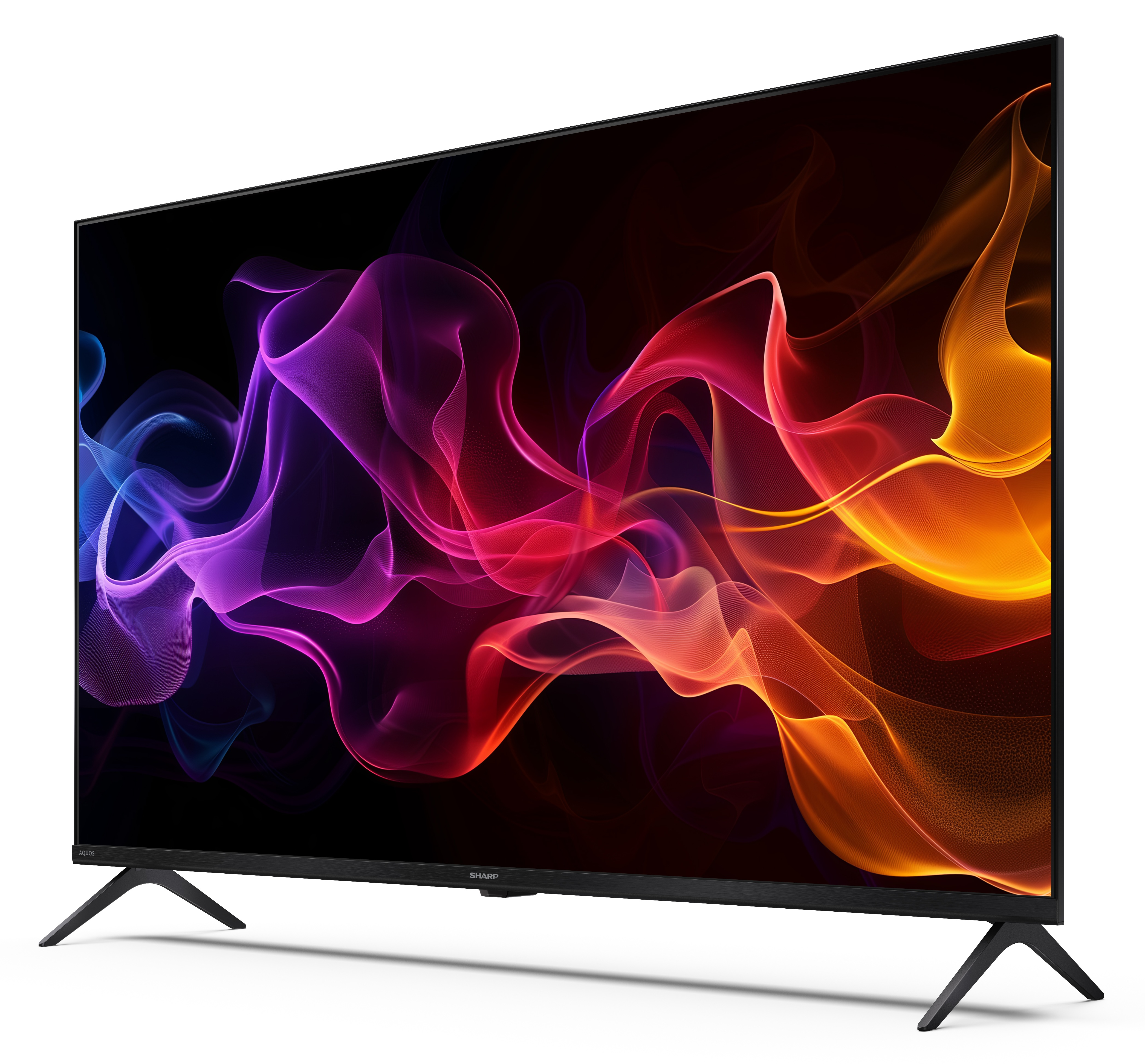 Duży, czarny telewizor Sharp wyświetla kolorowe, abstrakcyjne kształty. Stoi na dwóch czarnych nogach na białym tle.