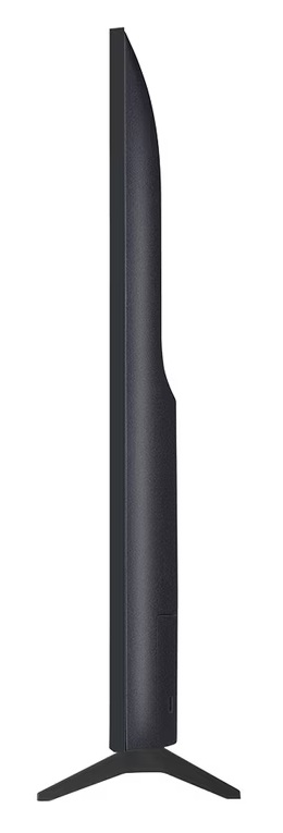 Widok z boku czarnego telewizora. Ma smukłą konstrukcję, spoczywa na dwóch czarnych nogach. Tło jest białe.