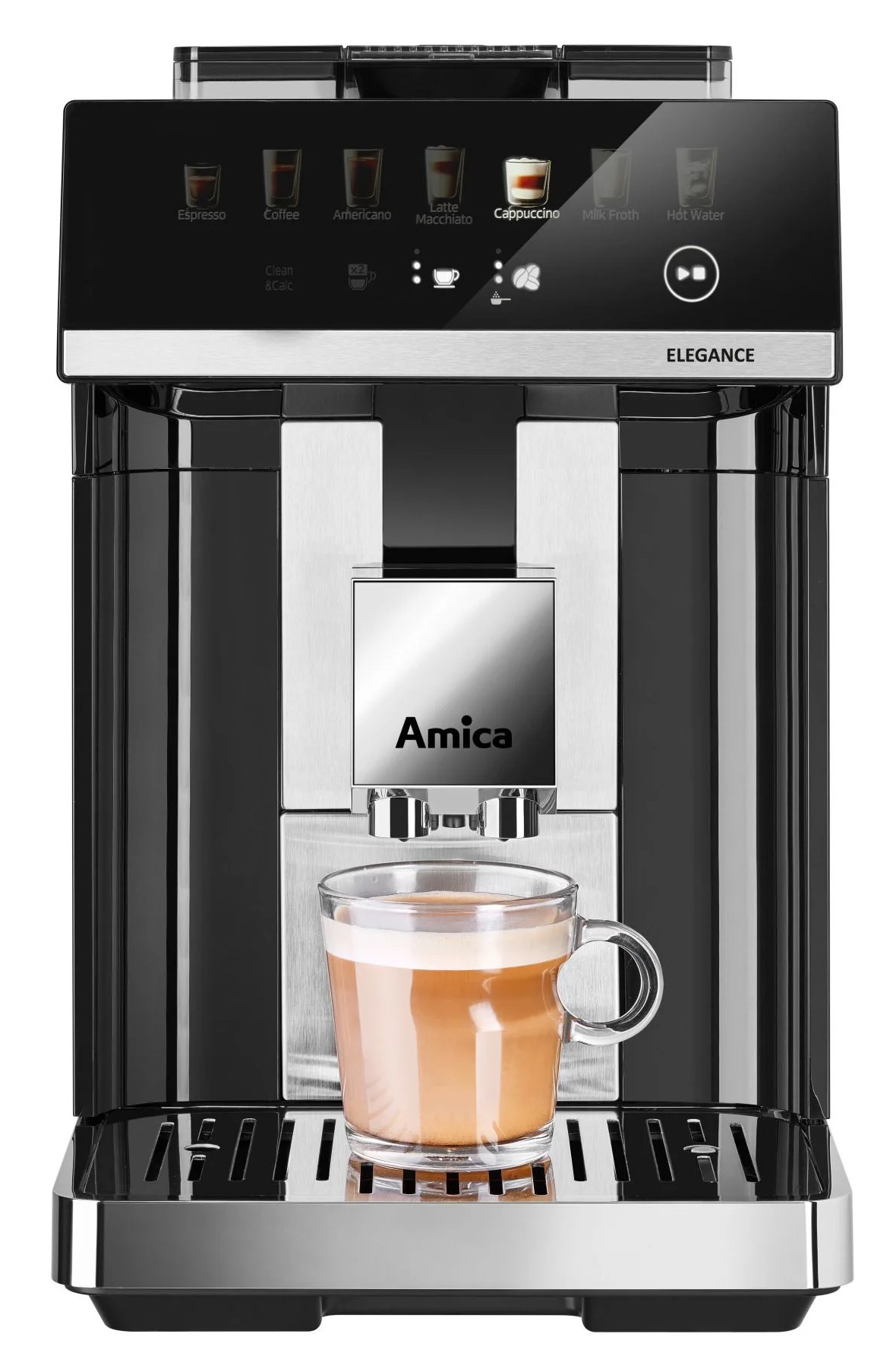 Czarno-srebrny ekspres do kawy Amica ze szklanką cappuccino. Ekspres posiada przyciski dotykowe i napis Elegance.