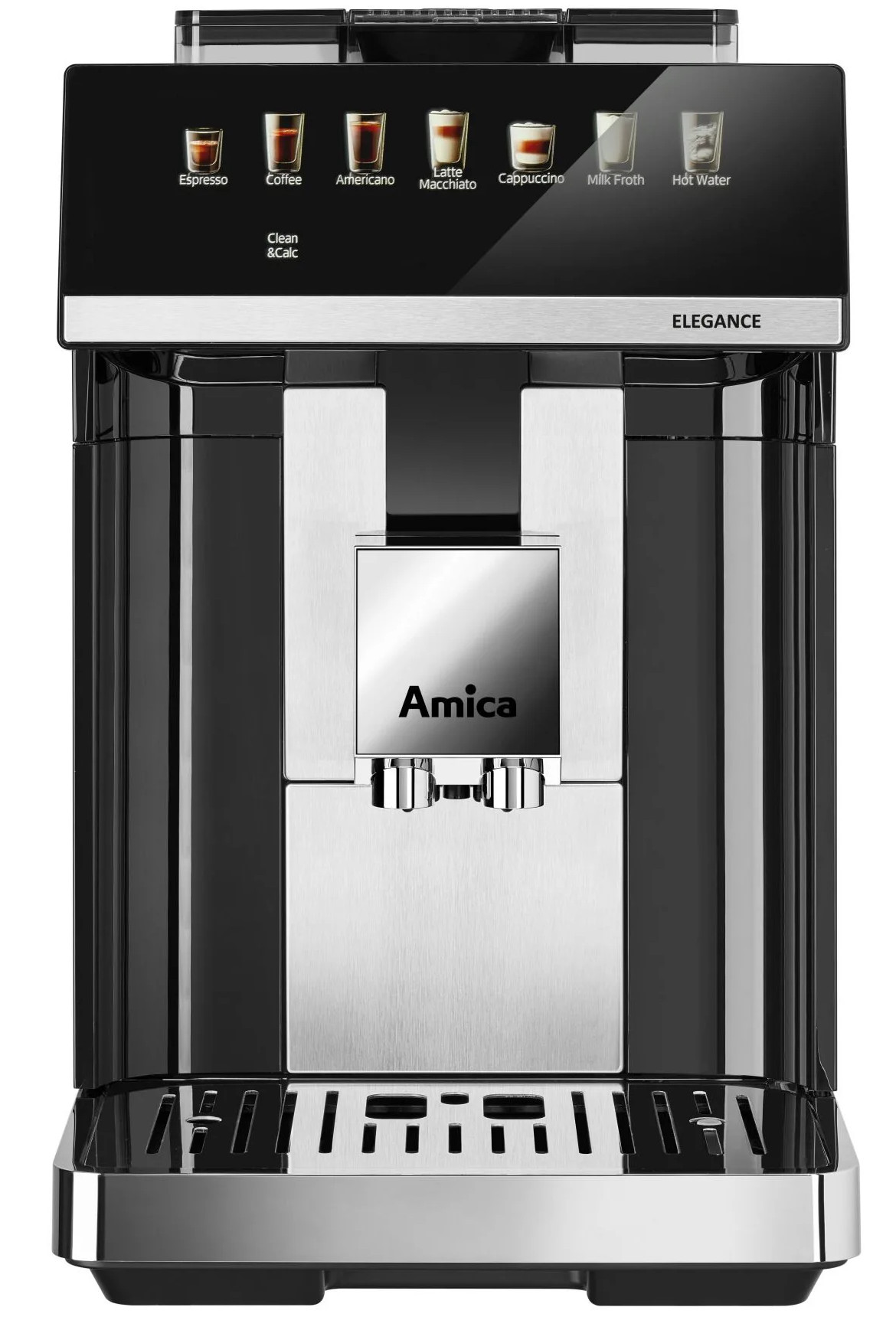 Czarno-srebrny ekspres do kawy Amica z opcjami napojów na górze, w tym espresso i cappuccino. Widoczne słowo 'Elegance'.