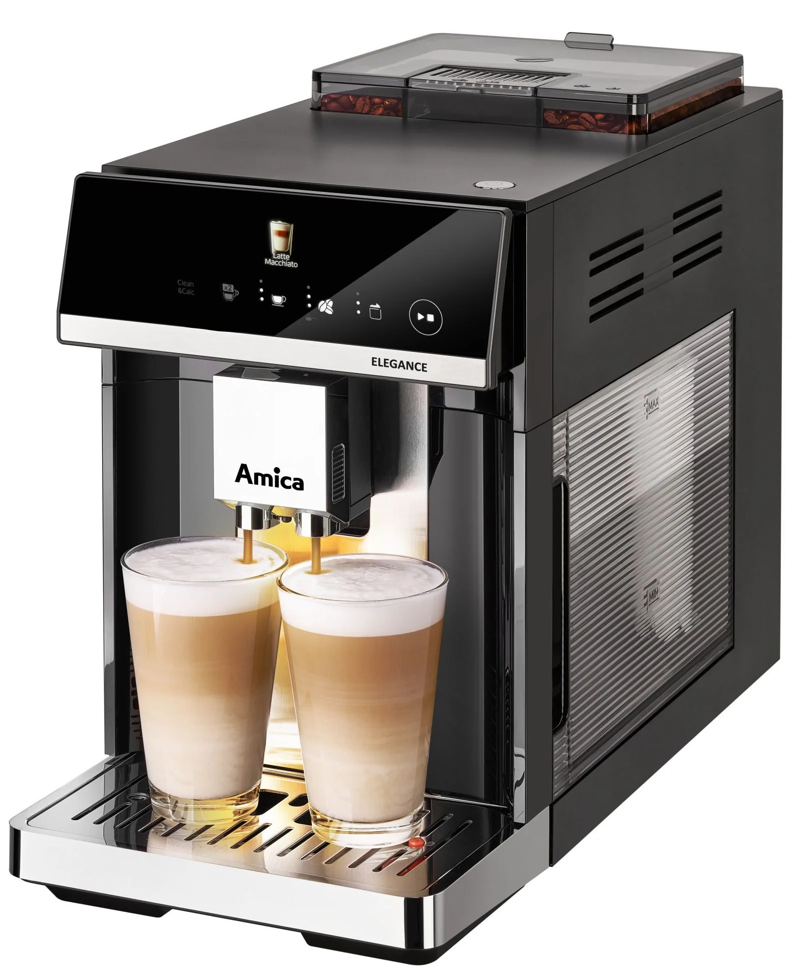 Czarny ekspres do kawy Amica nalewa latte macchiato do dwóch szklanek. Ziarna kawy są widoczne na górze.