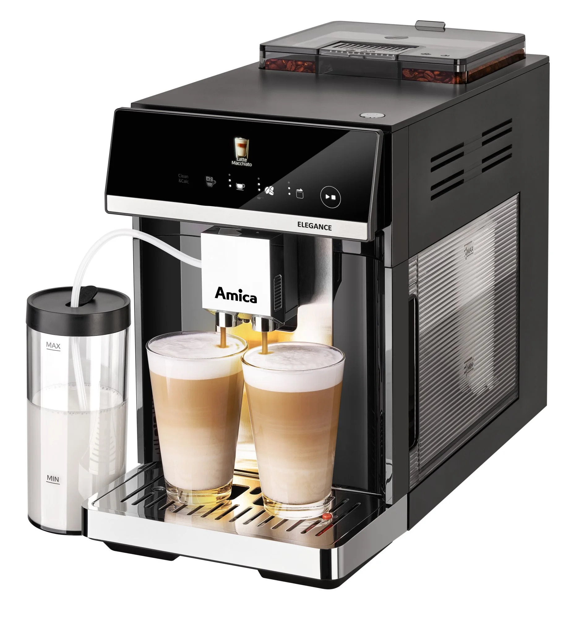 Ekspres do kawy Amica Elegance robiący latte macchiato. Dwie szklanki napełniają się kawą i mlekiem. Pojemnik na mleko po lewej stronie.