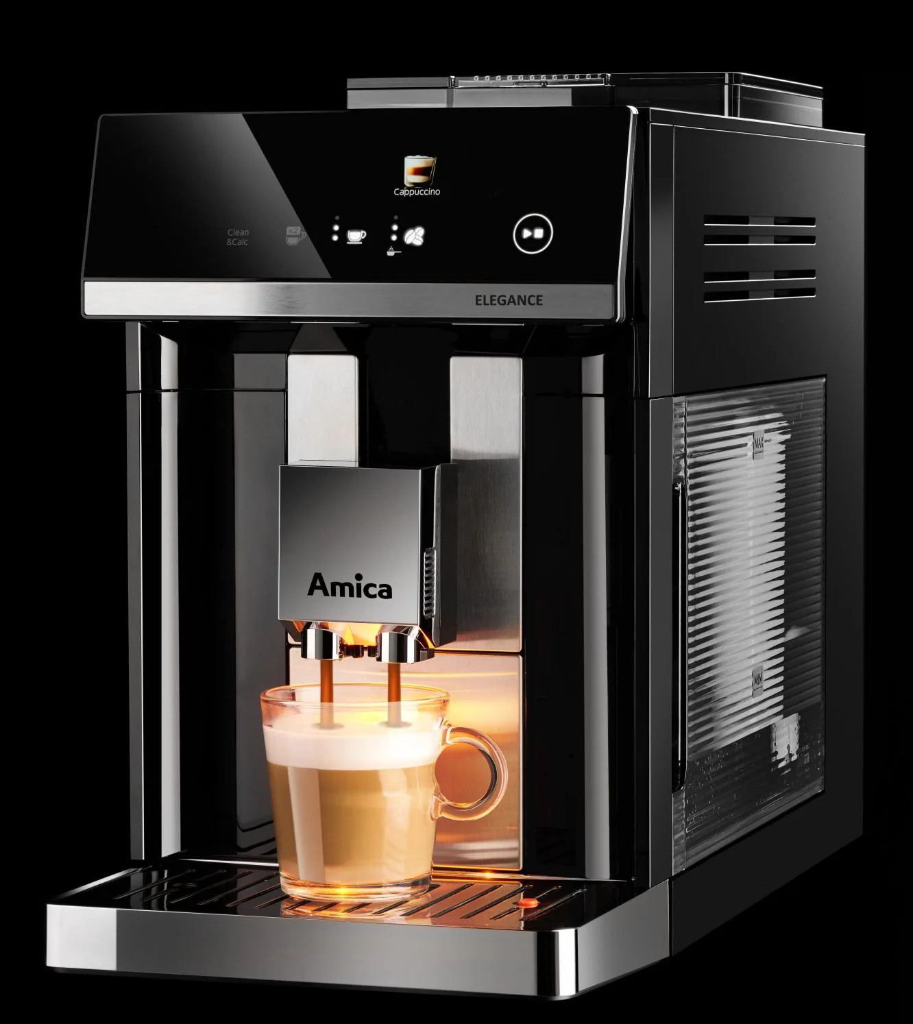 Czarny ekspres do kawy Amica robiący cappuccino, ze szklanką. Na maszynie napis 'Elegance'.