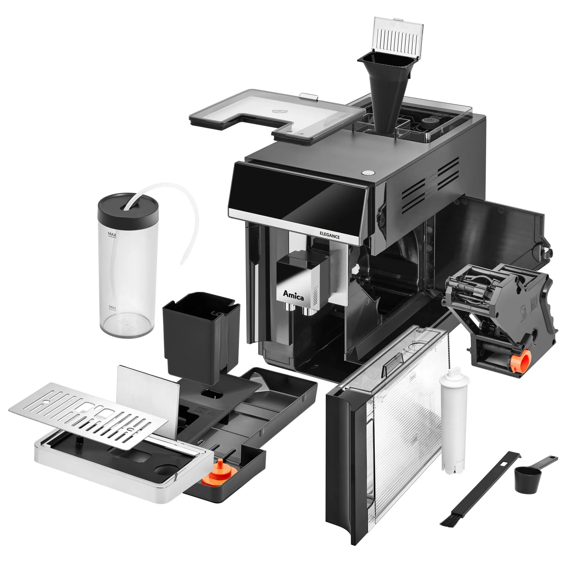 Widok rozłożeniowy czarno-srebrnego ekspresu do kawy Amica Elegance, pokazujący wszystkie jego elementy.