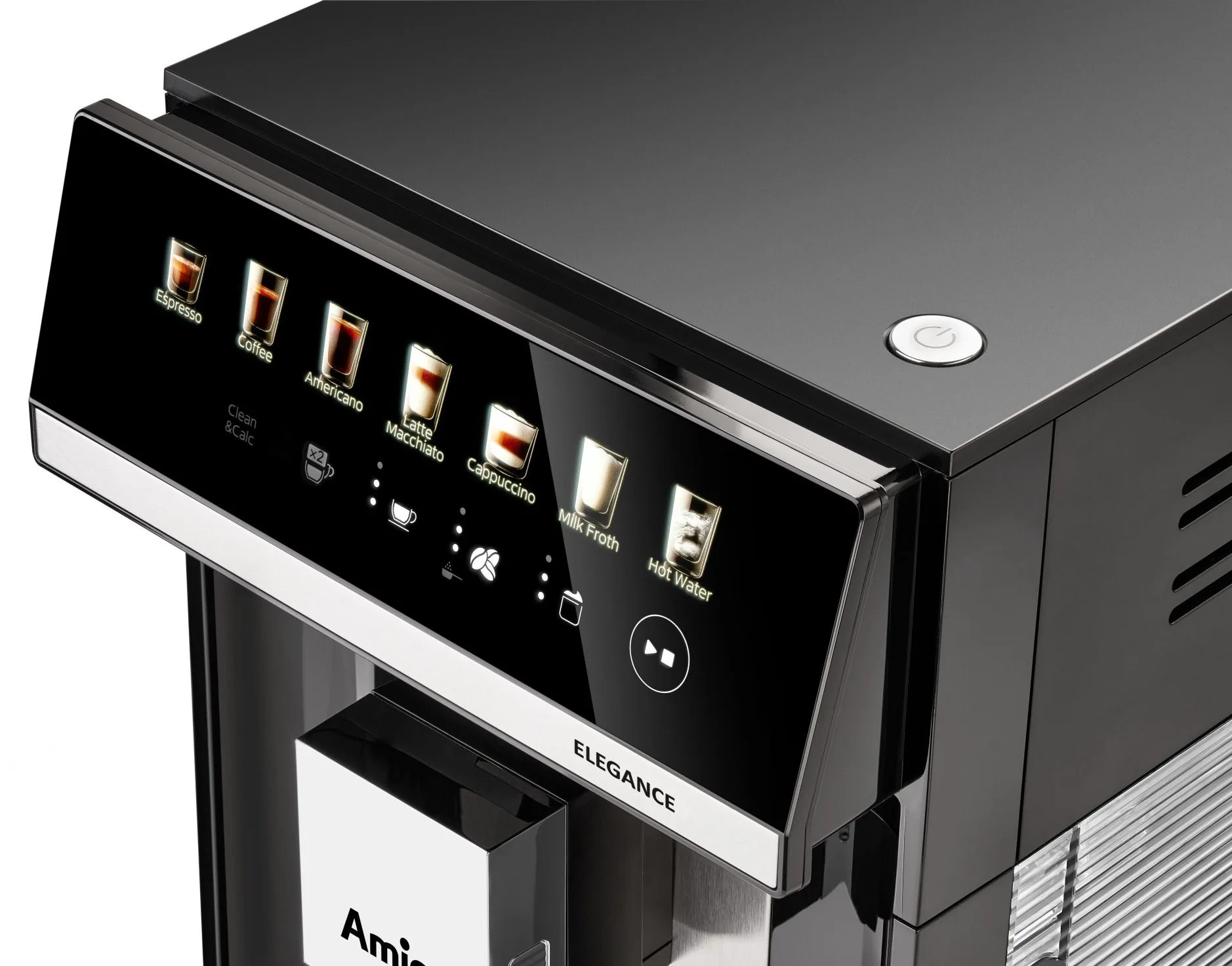 Czarny i srebrny ekspres do kawy z ekranem dotykowym wyświetlającym opcje kawy. Na ekranie widnieje 'Espresso', 'Coffee' i inne.