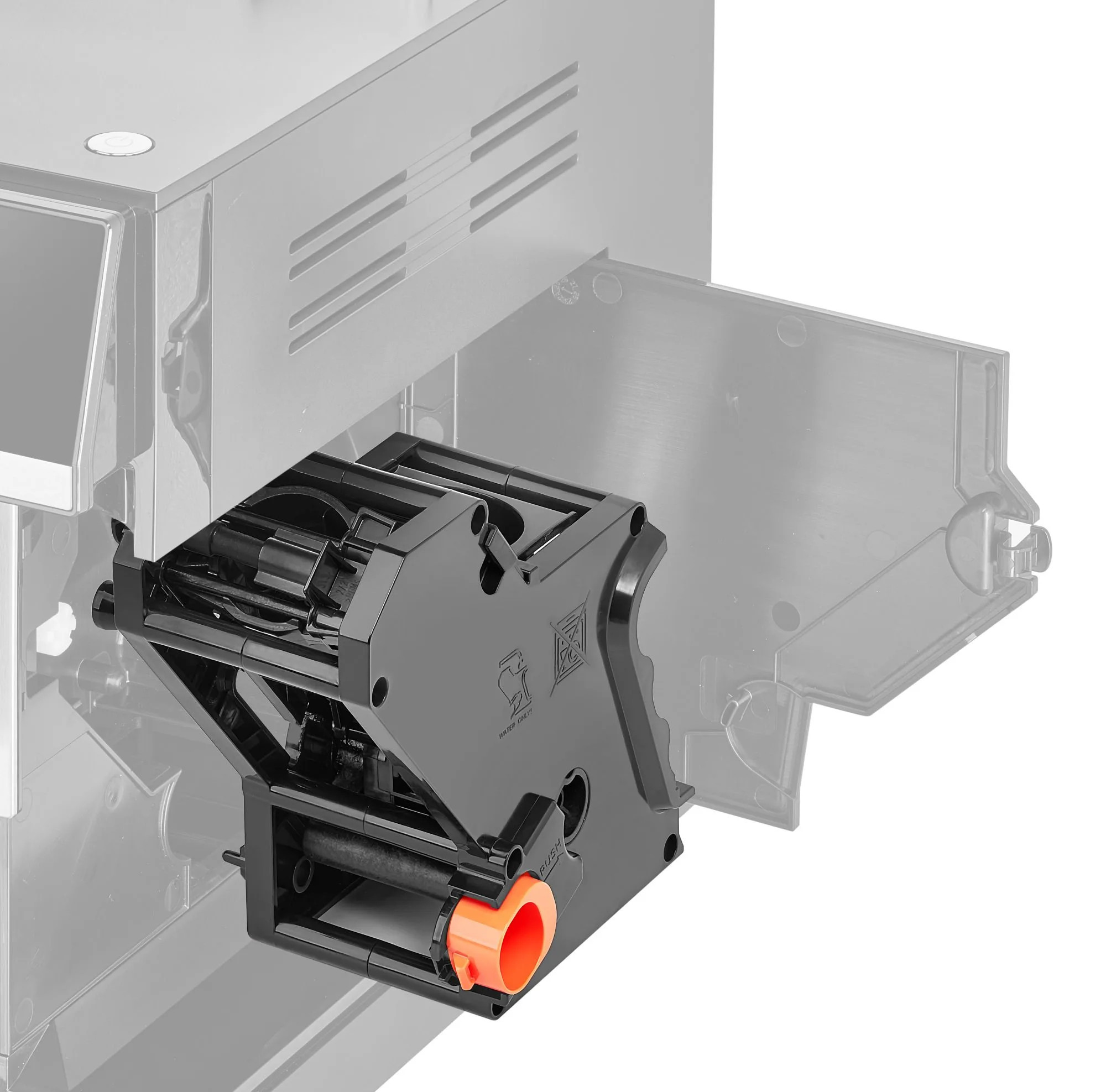 Czarny i pomarańczowy element ekspresu do kawy, zamontowany na srebrnej maszynie. Zawiera przycisk i element cylindryczny.