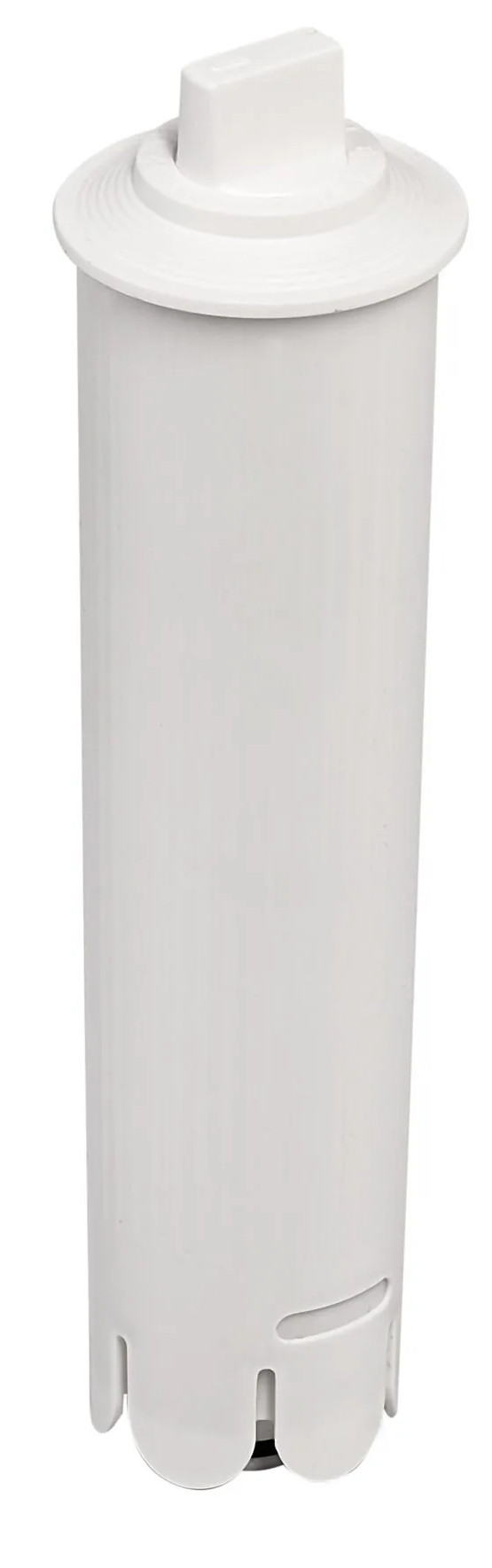 Biały wkład filtra wody. Ma cylindryczny korpus z górą i małym prostokątnym kawałkiem na górze.