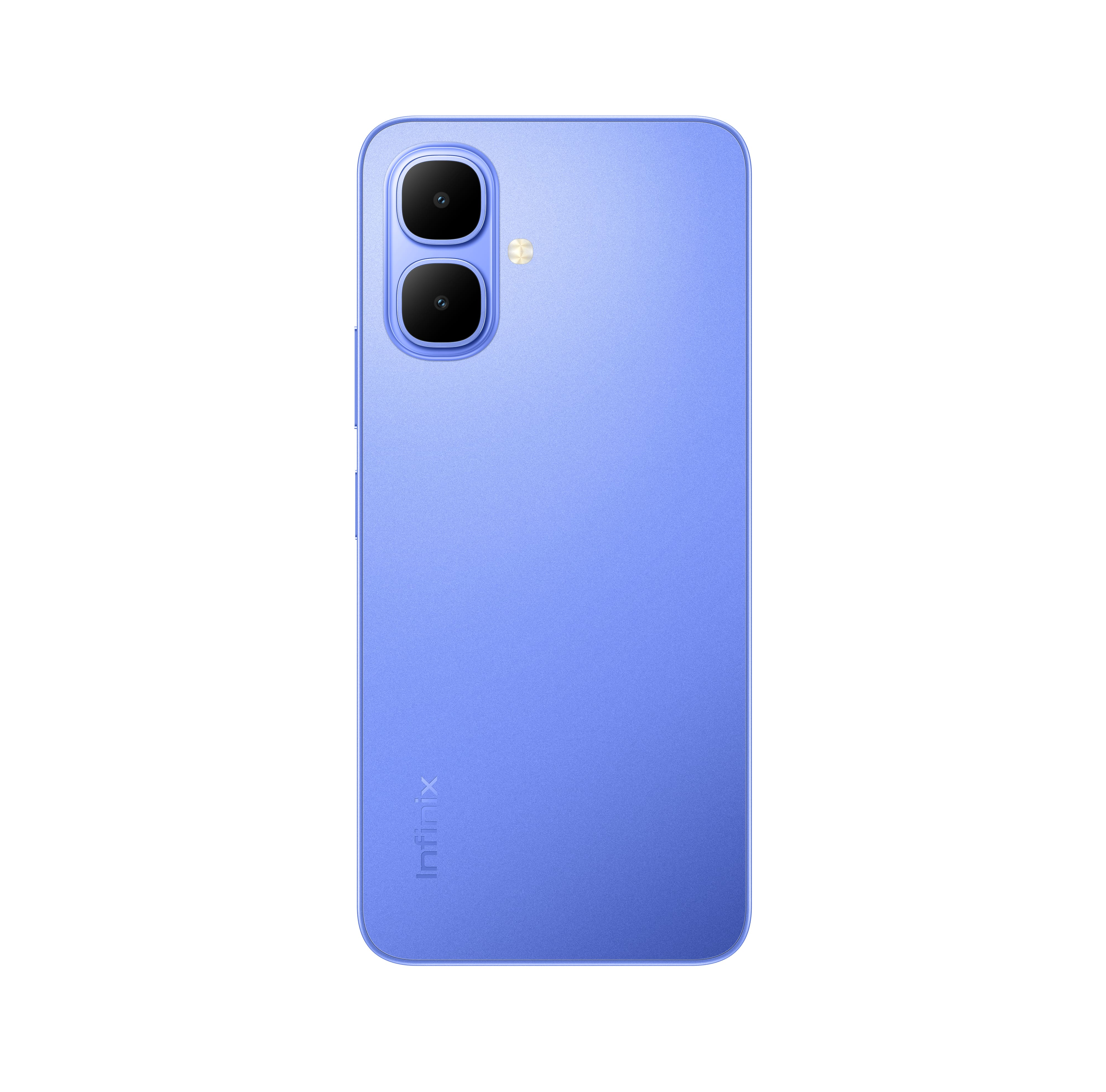 İki kamerası ve flaşı olan mavi bir Infinix telefonun arkası. Arka plan beyaz.