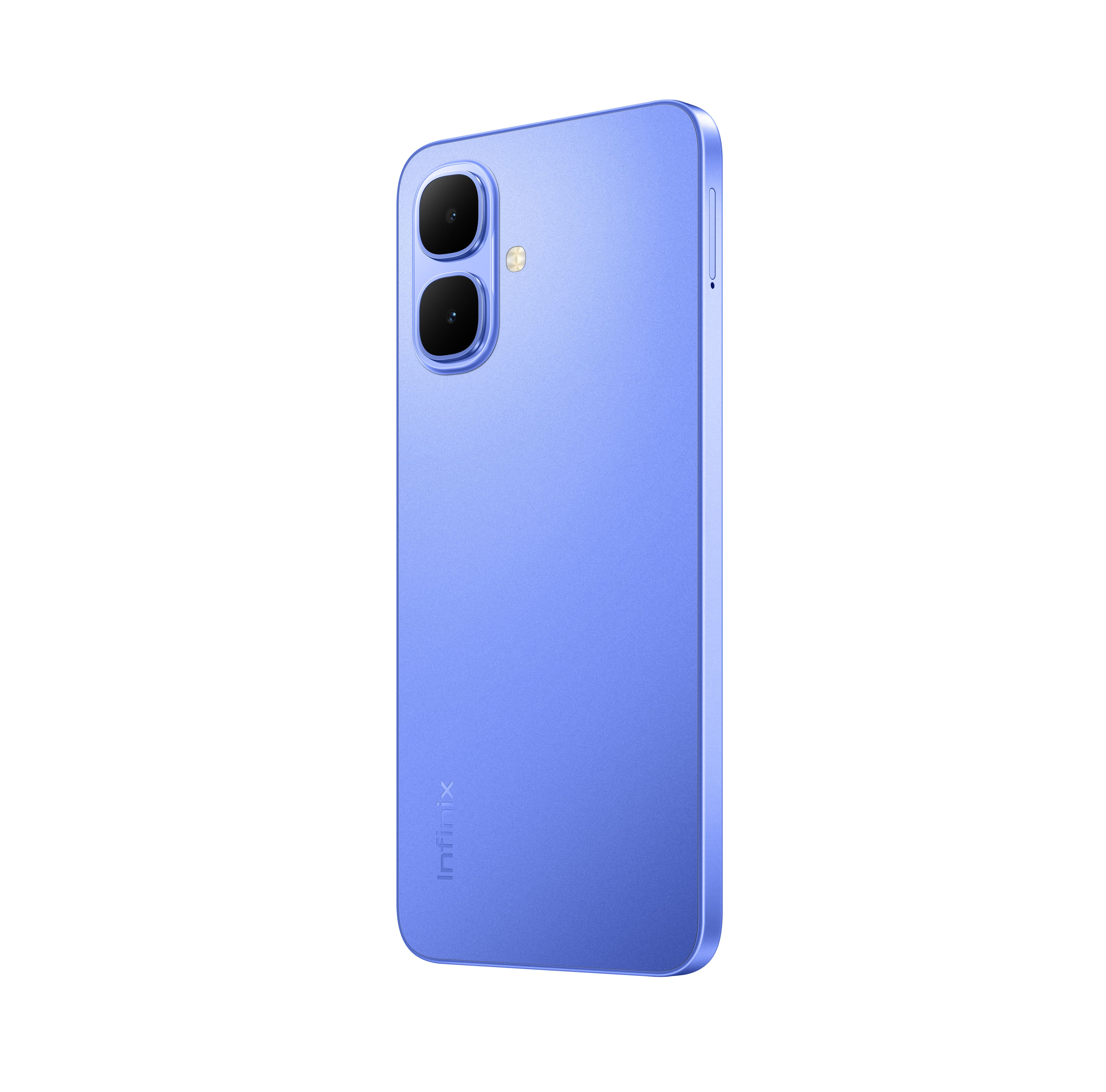 Mavi bir akıllı telefonun arkası. Infinix logosu görünür. İki kamera üstte, flaşlı.