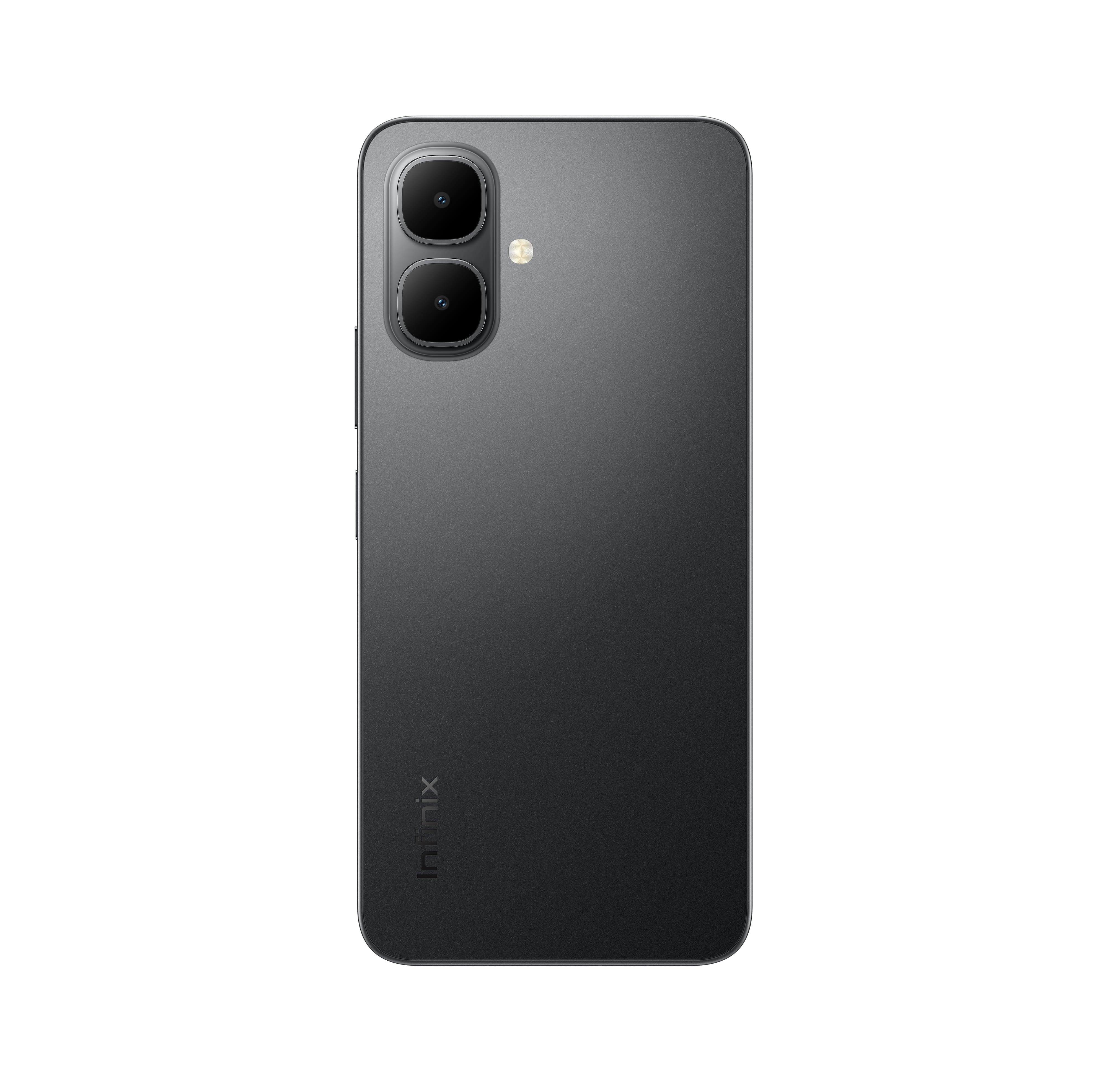 İki kameralı, koyu gri bir akıllı telefonun arkası. Infinix markası görünür durumda.