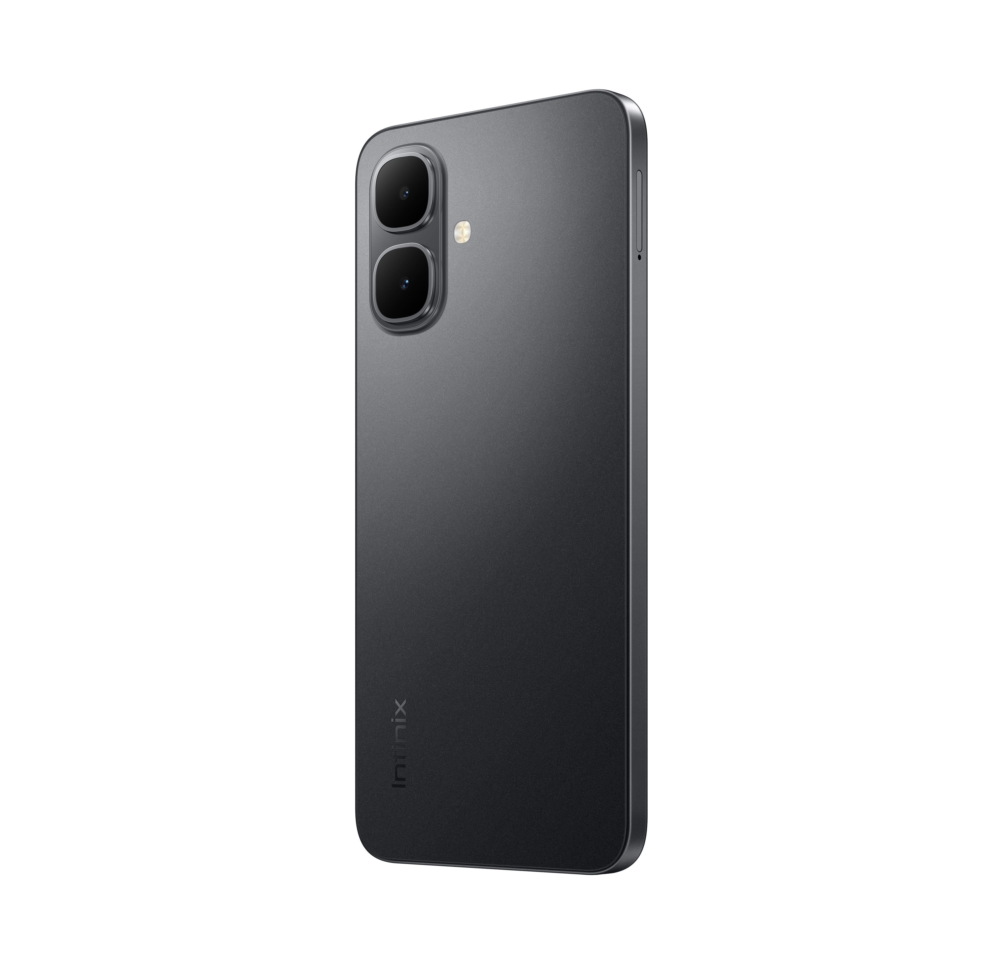 Sağa doğru açılı koyu gri bir akıllı telefon. Çift kamerası ve Infinix logosu var.