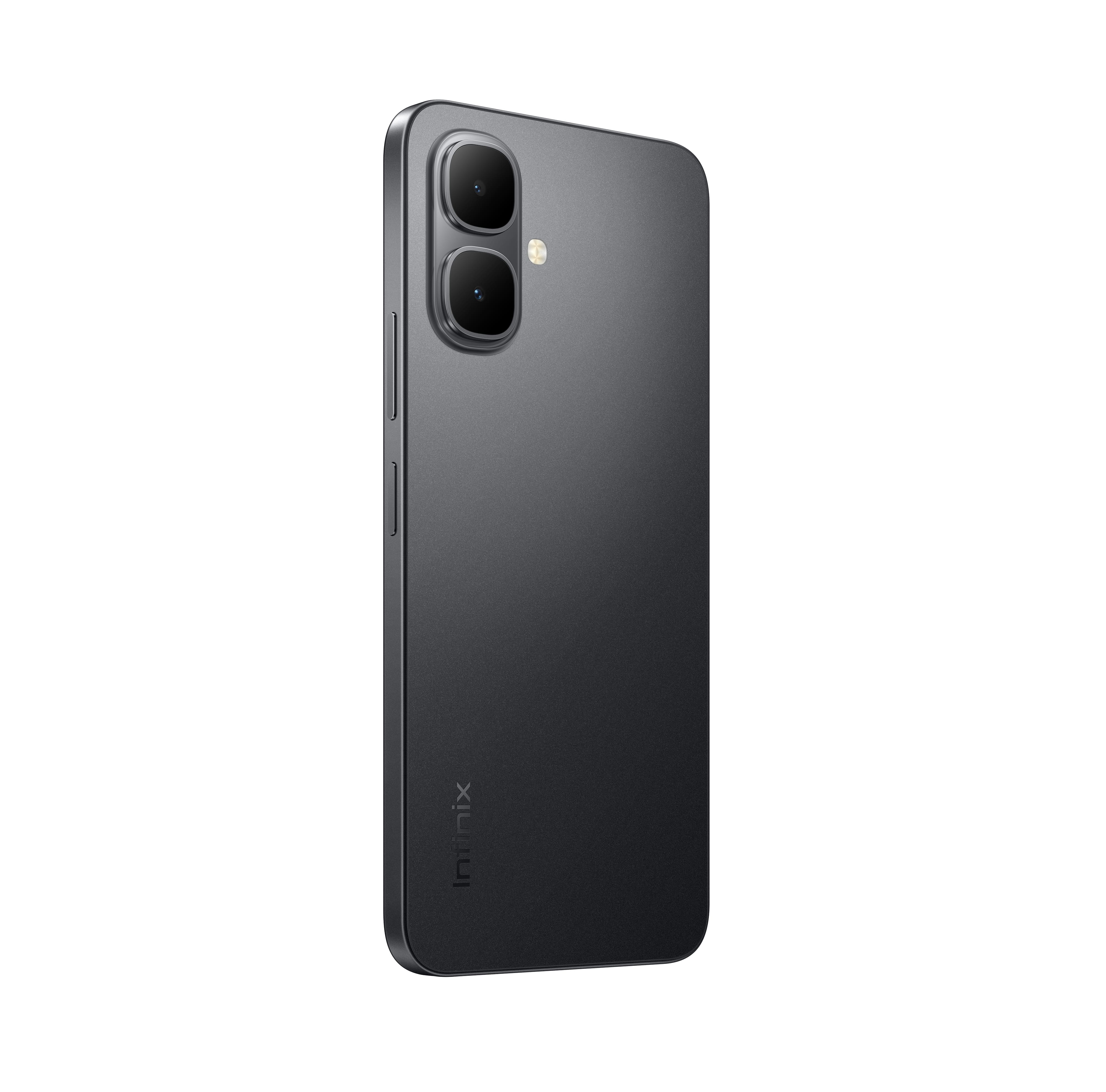 İki kamerası, ses tuşları ve 'Infinix' logosu olan koyu gri bir akıllı telefonun beyaz zemin üzerindeki arka görünümü.