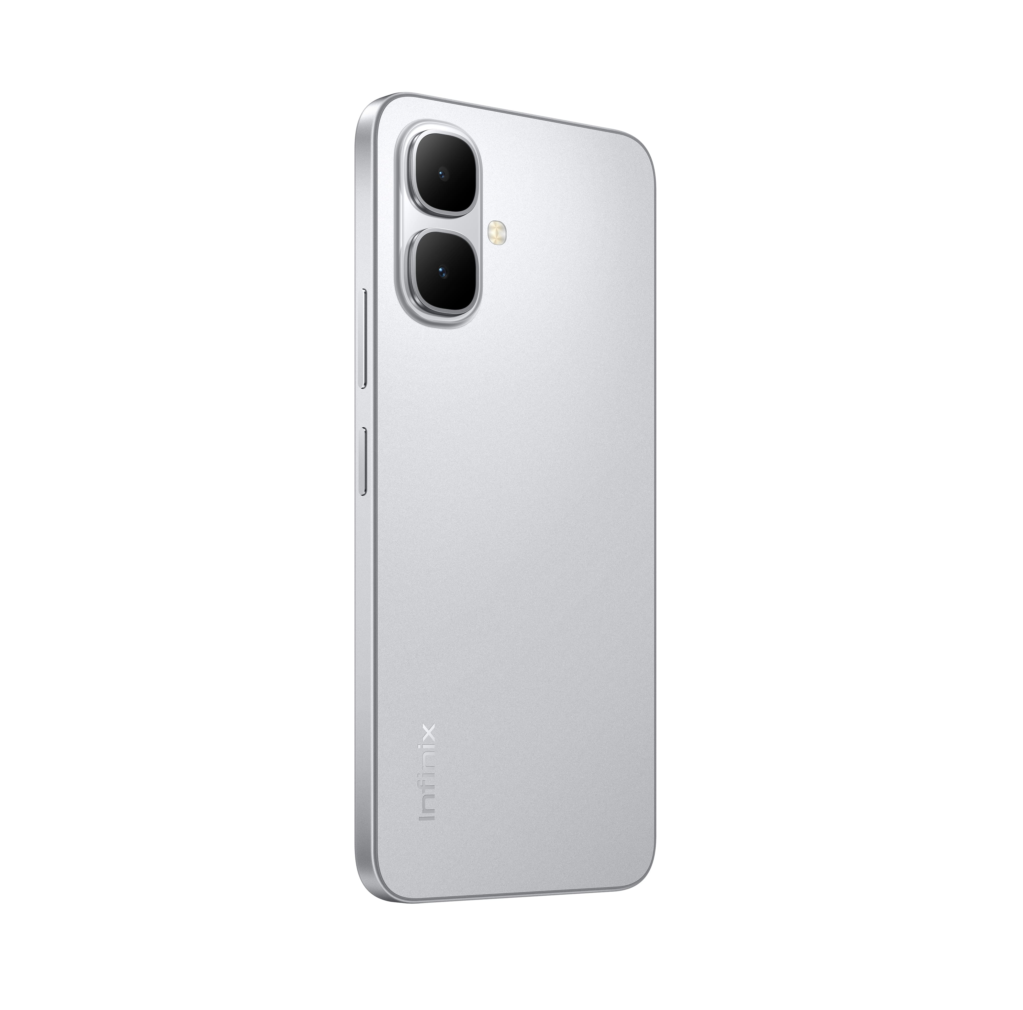Gümüş renkli bir Infinix akıllı telefon. Çift arka kamerası ve flaşı var. Infinix logosu altta.