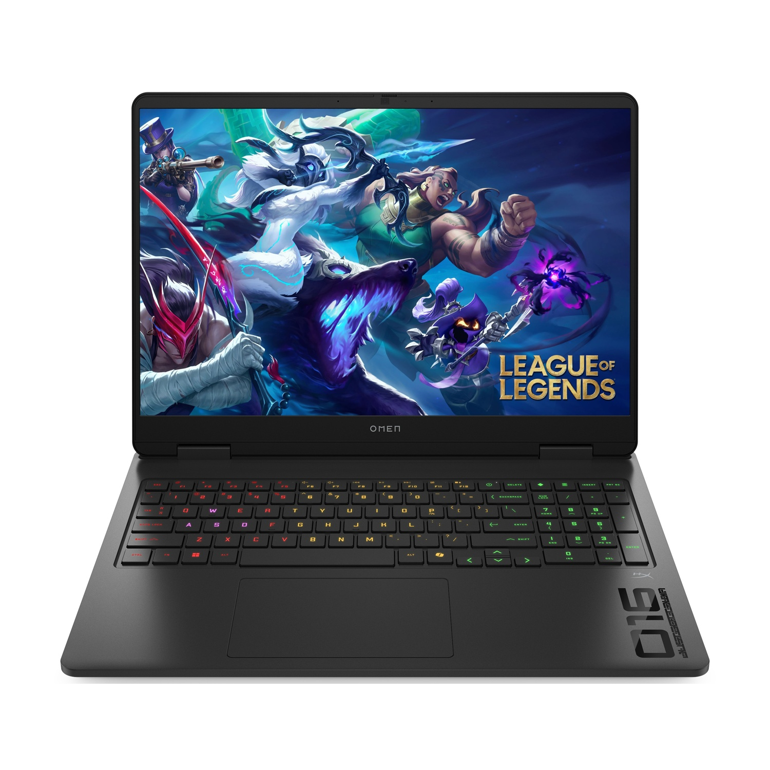Laptop Omen nero aperto. Lo schermo mostra i personaggi di League of Legends. La tastiera ha tasti retroilluminati colorati. Il laptop è su una superficie bianca.