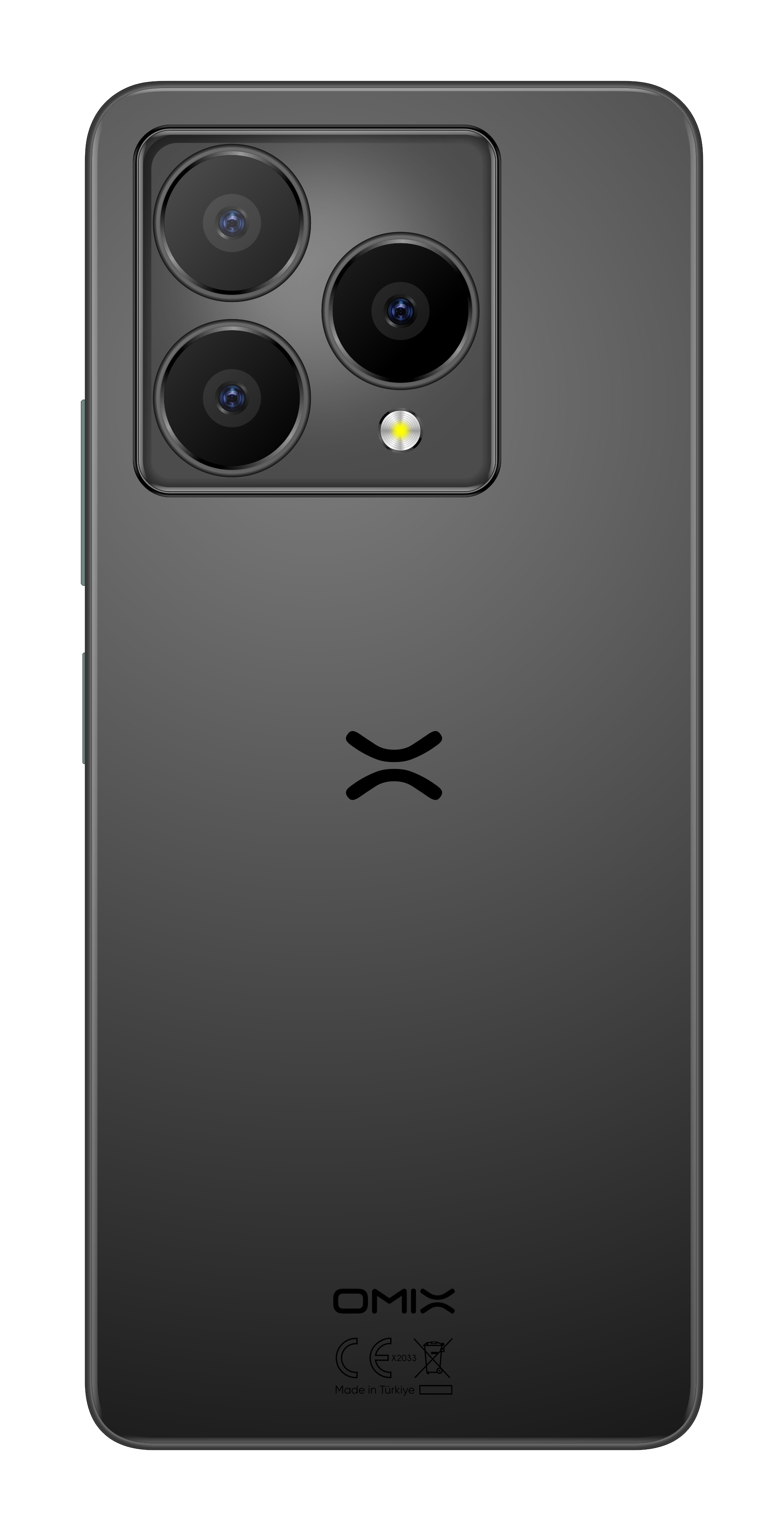 Koyu gri bir akıllı telefonun arkası. Üstte üç kamera lensi ve flaş var. Altta logo ve metin var.