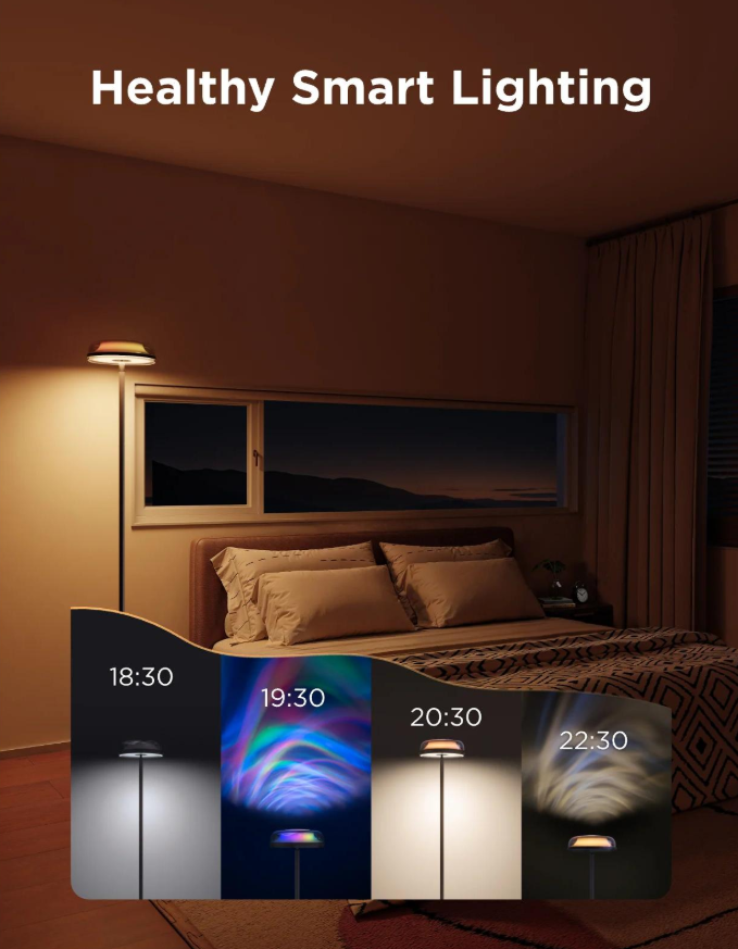 Una camera da letto con illuminazione intelligente. Vengono visualizzate quattro diverse impostazioni di luce. Letto e finestra sullo sfondo.