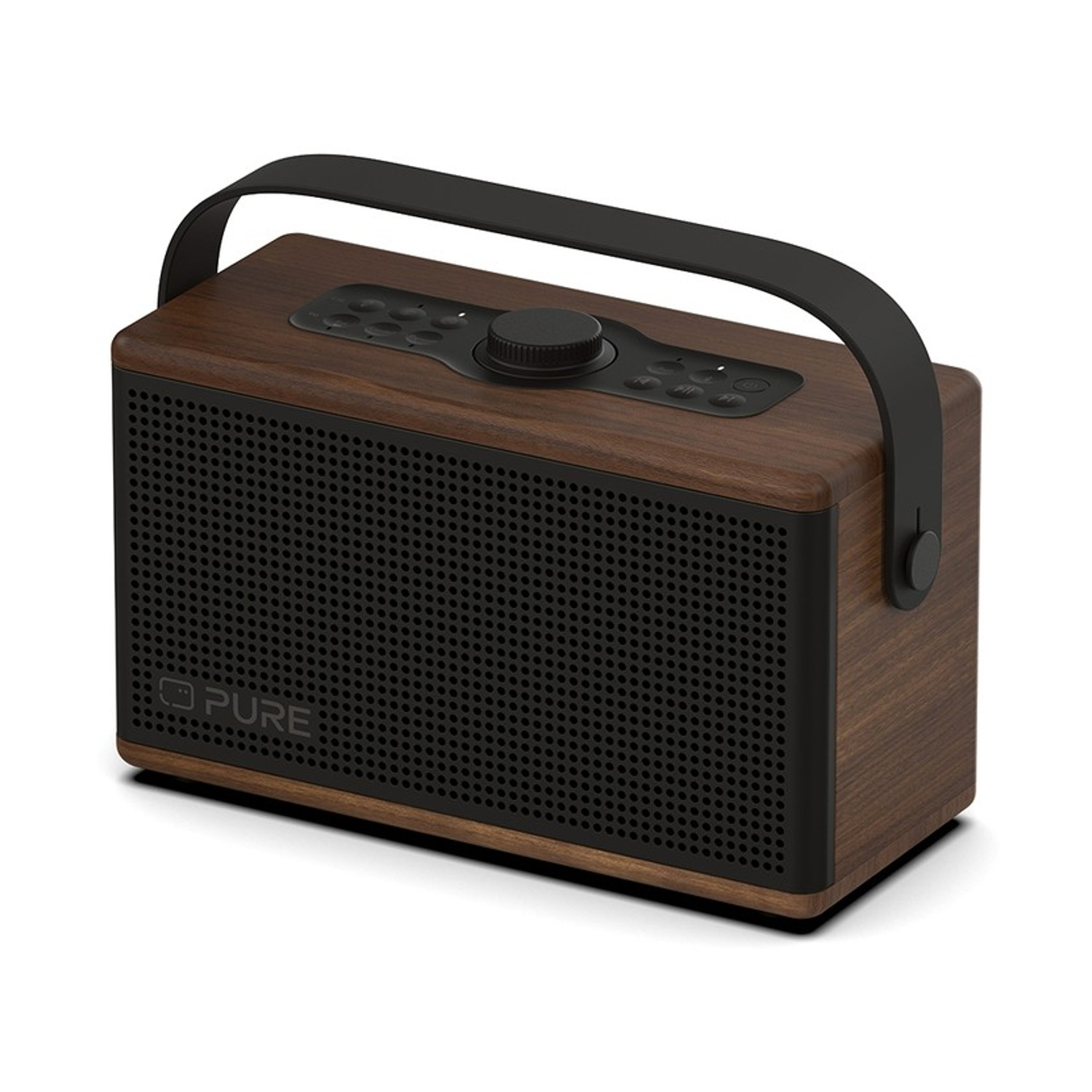 Una radio Pure in legno marrone con manico nero e griglia dell'altoparlante. Si trova su una superficie bianca.