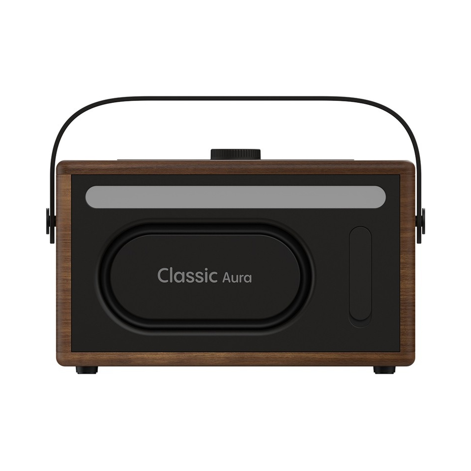 Una radio marrone e nera con manico. Ha un altoparlante, un display e la scritta 'Classic Aura'.