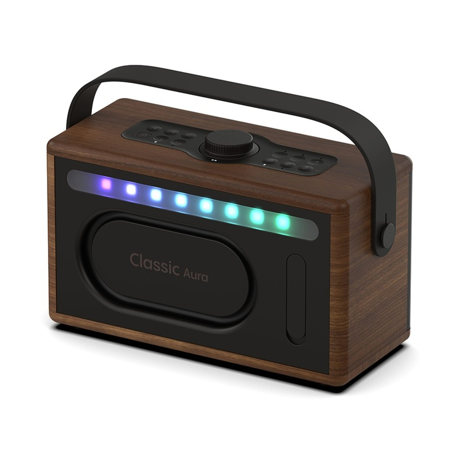 Un altoparlante in legno in stile retrò con una maniglia nera. Ha un frontale nero con la scritta 'Classic Aura' e luci colorate.
