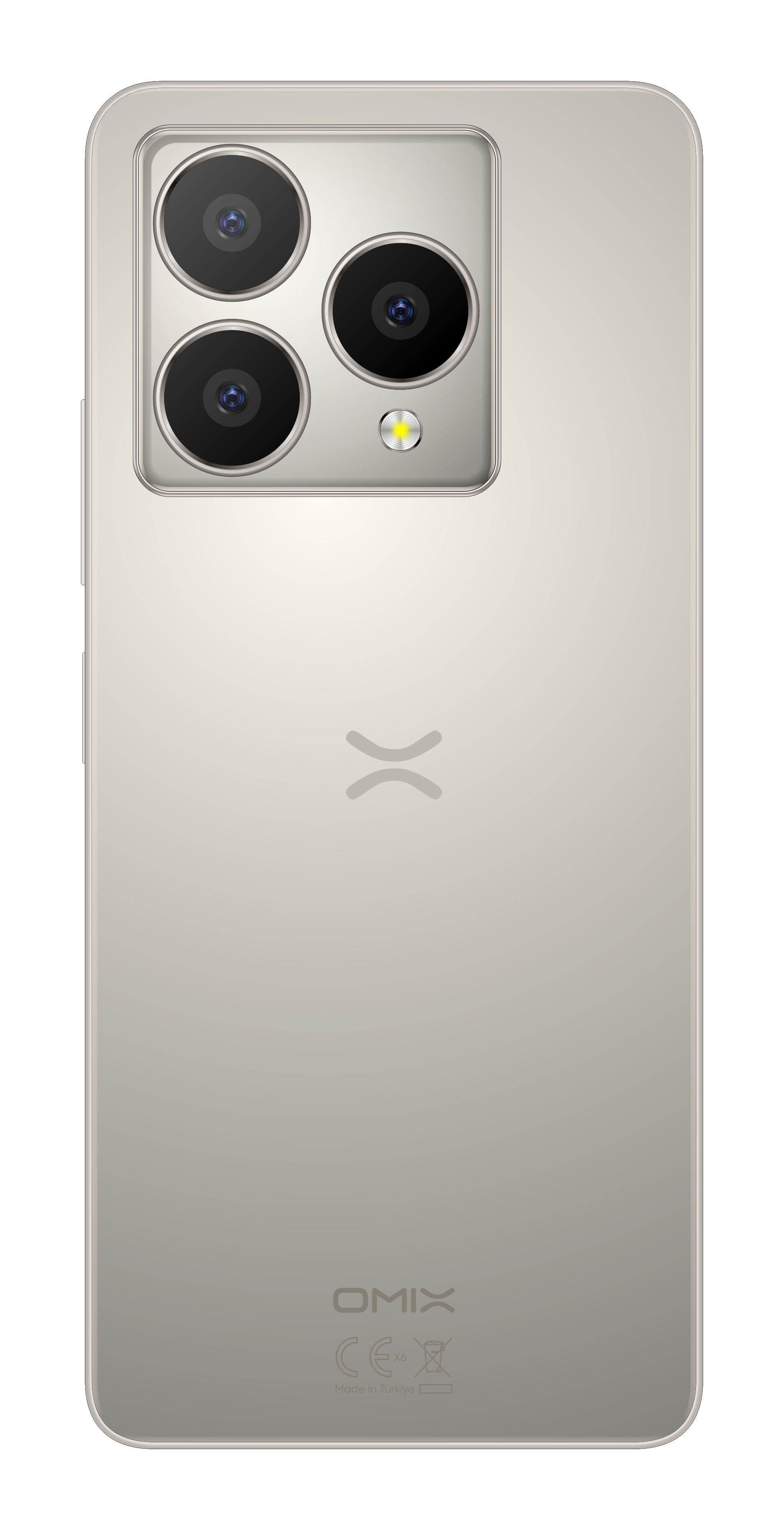 Bej akıllı telefonun arkası. Üstte üç kamera ve bir flaş var. Aşağıda OMIX logosu ve detaylar. Siyah arka plan.