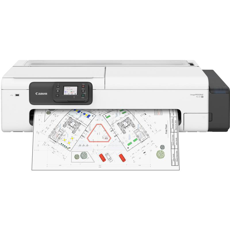 Ein weißer Canon-Drucker druckt einen Bauplan. Der Bauplan zeigt einen Gebäudeplan mit roter und grüner Hervorhebung und Text.