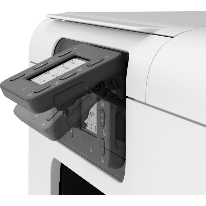 Ein weißer und grauer Drucker mit geöffnetem Bedienfeld. Das Bedienfeld hat einen Bildschirm und Tasten für verschiedene Funktionen.