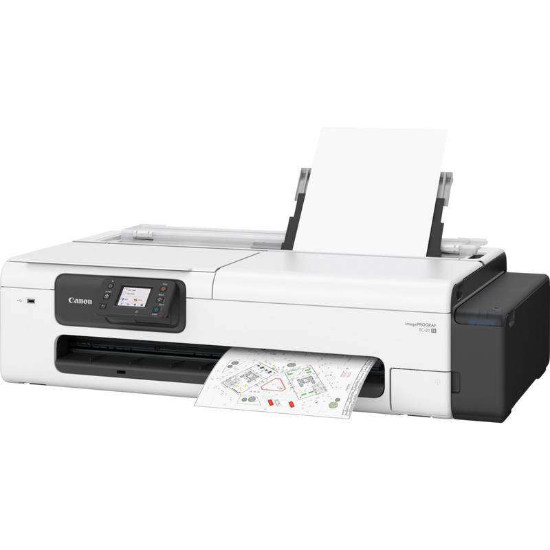 Ein weißer Canon-Drucker druckt einen Bauplan. Ein weißes Papier liegt im Ausgabefach. Der Drucker hat ein schwarzes Bedienfeld.