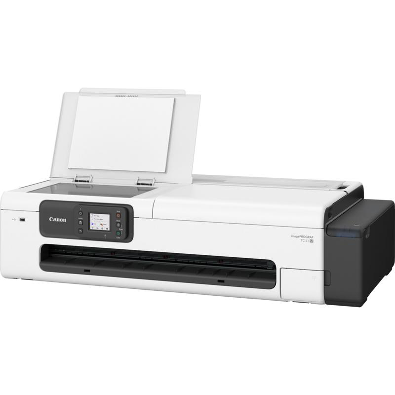 Ein weißer Canon-Drucker mit offenem Deckel. Er hat ein schwarzes Bedienfeld. Die rechte Seite ist eine schwarze Box. Der Hintergrund ist weiß.