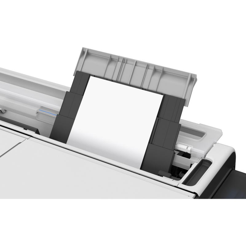 Ein weißer Drucker mit einem Blatt weißem Papier. Der Drucker ist weiß und grau, mit schwarzen Akzenten. Das Papier liegt im Ausgabefach.