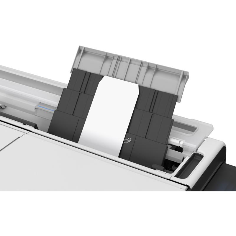 Ein Drucker mit weißem Papier. Es liegt in einem grau-schwarzen Papierfach. Der Drucker ist weiß.