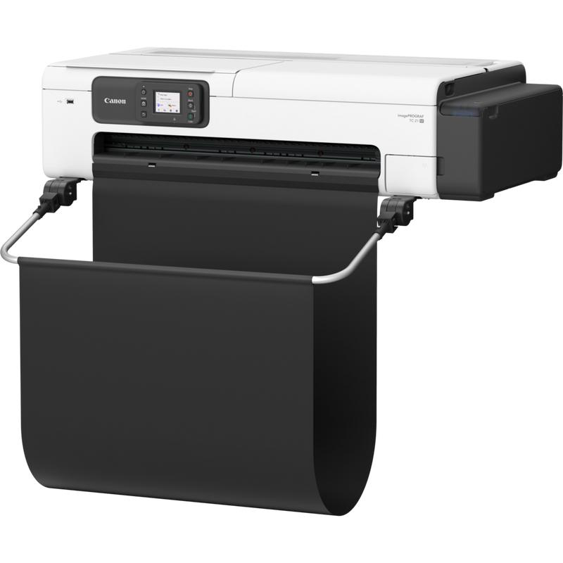 Ein Canon-Drucker, weiß und schwarz, mit einem schwarzen Papierausgabefach. Der Drucker ist mit 'imagePROGRAF TC-21' beschriftet.