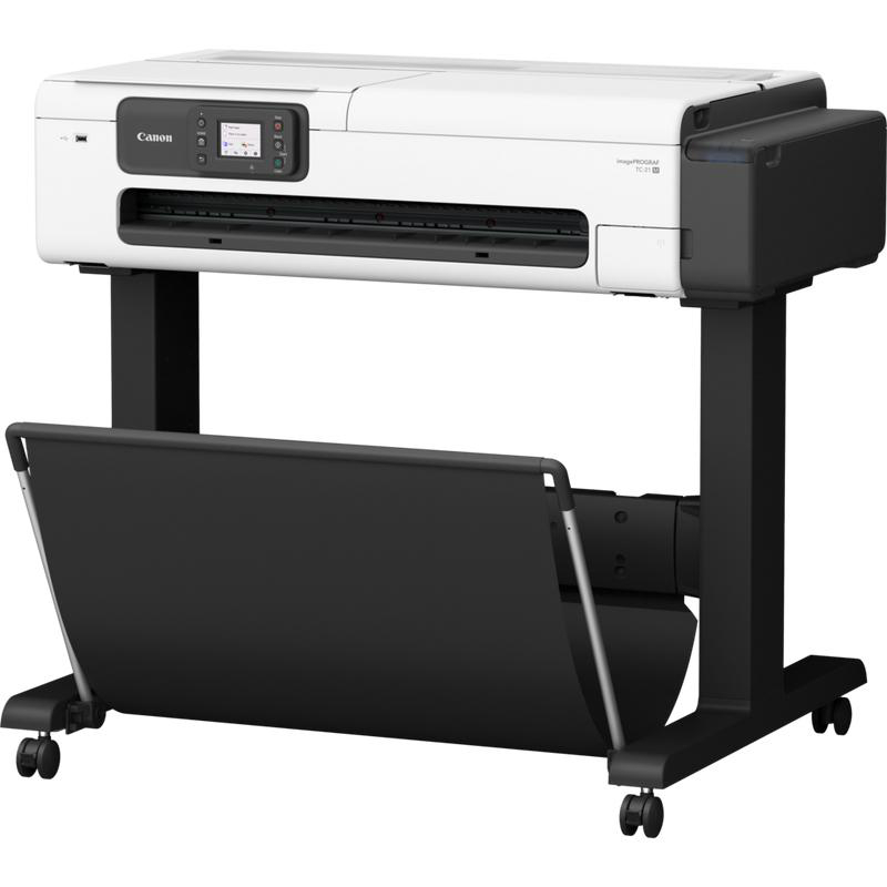 Ein weißer Canon-Drucker mit schwarzem Ständer und Papierfänger. Er hat ein Bedienfeld und steht auf Rollen.