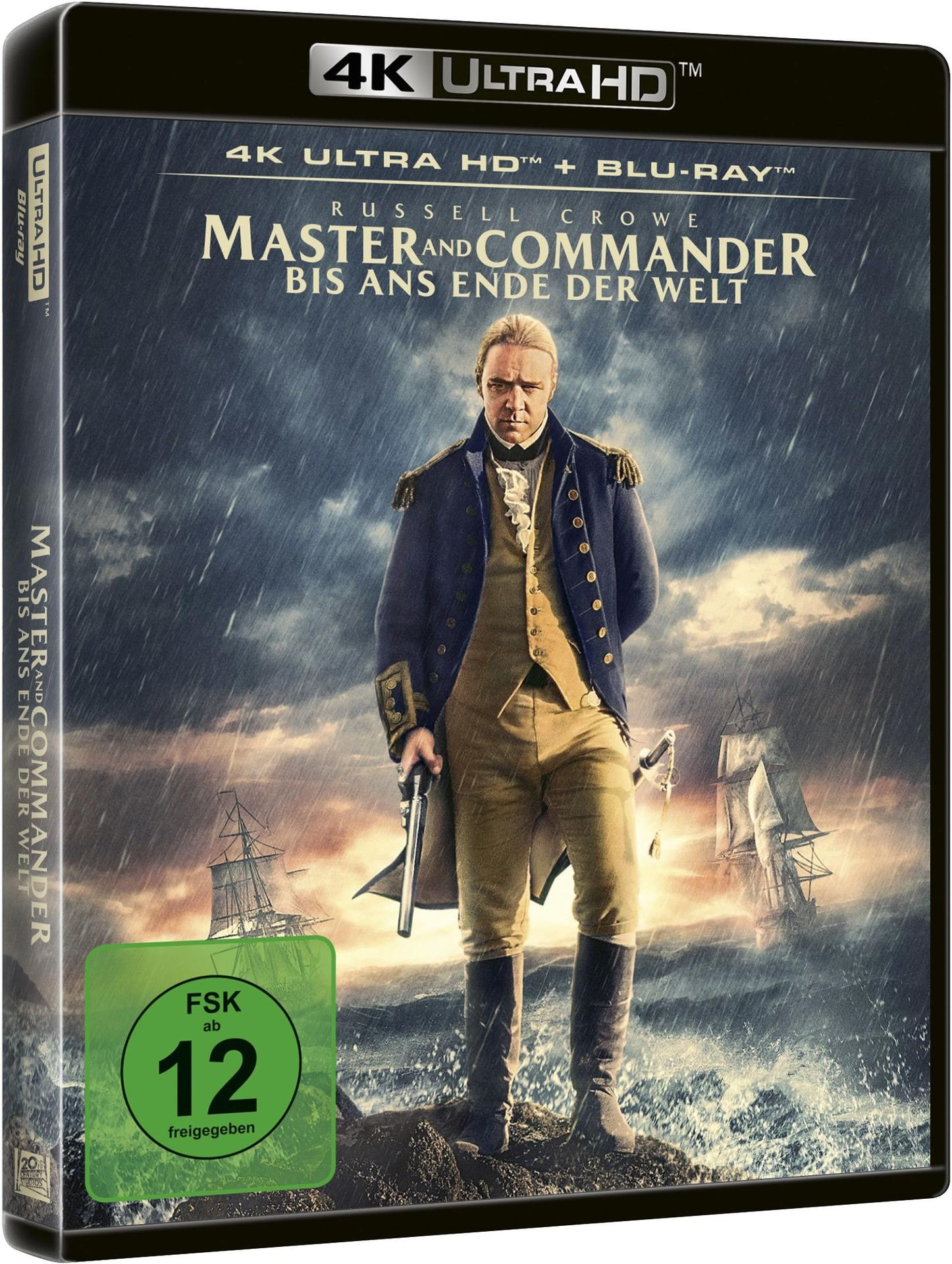 Filmcover von Master and Commander. Russell Crowe steht in Marineuniform an einem stürmischen Ufer, Schiffe im Hintergrund.