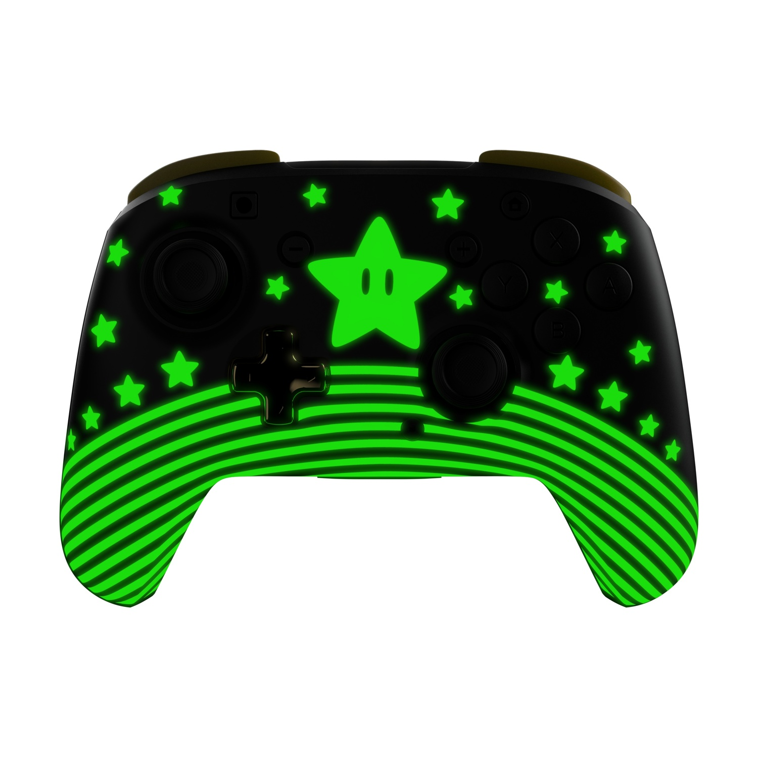 Un controller di gioco nero con stelle e strisce verdi luminose. Al centro c'è una grande stella verde. La parte superiore ha accenti gialli.