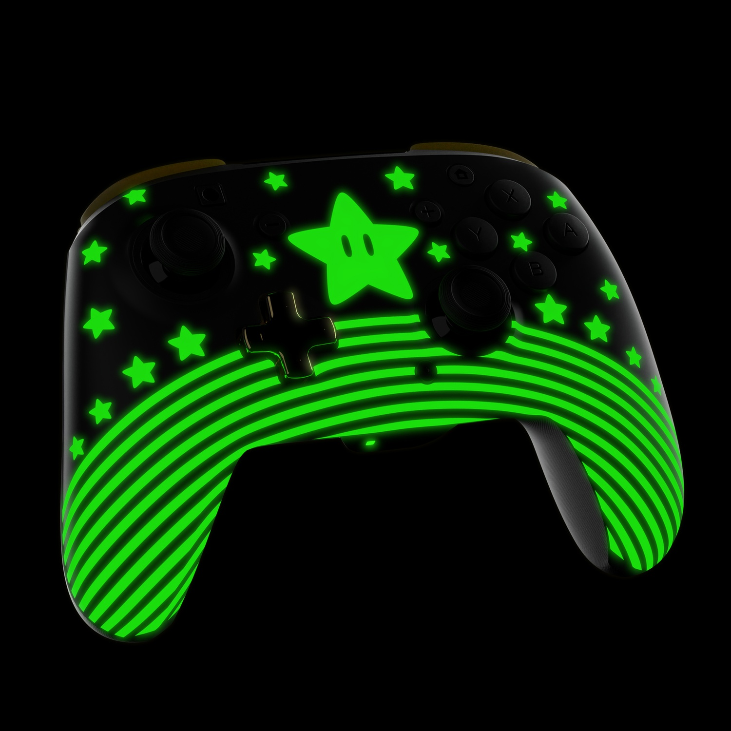 Controller Switch nero con design a stella e strisce verdi luminose. Pulsanti e joystick neri. Sfondo nero.