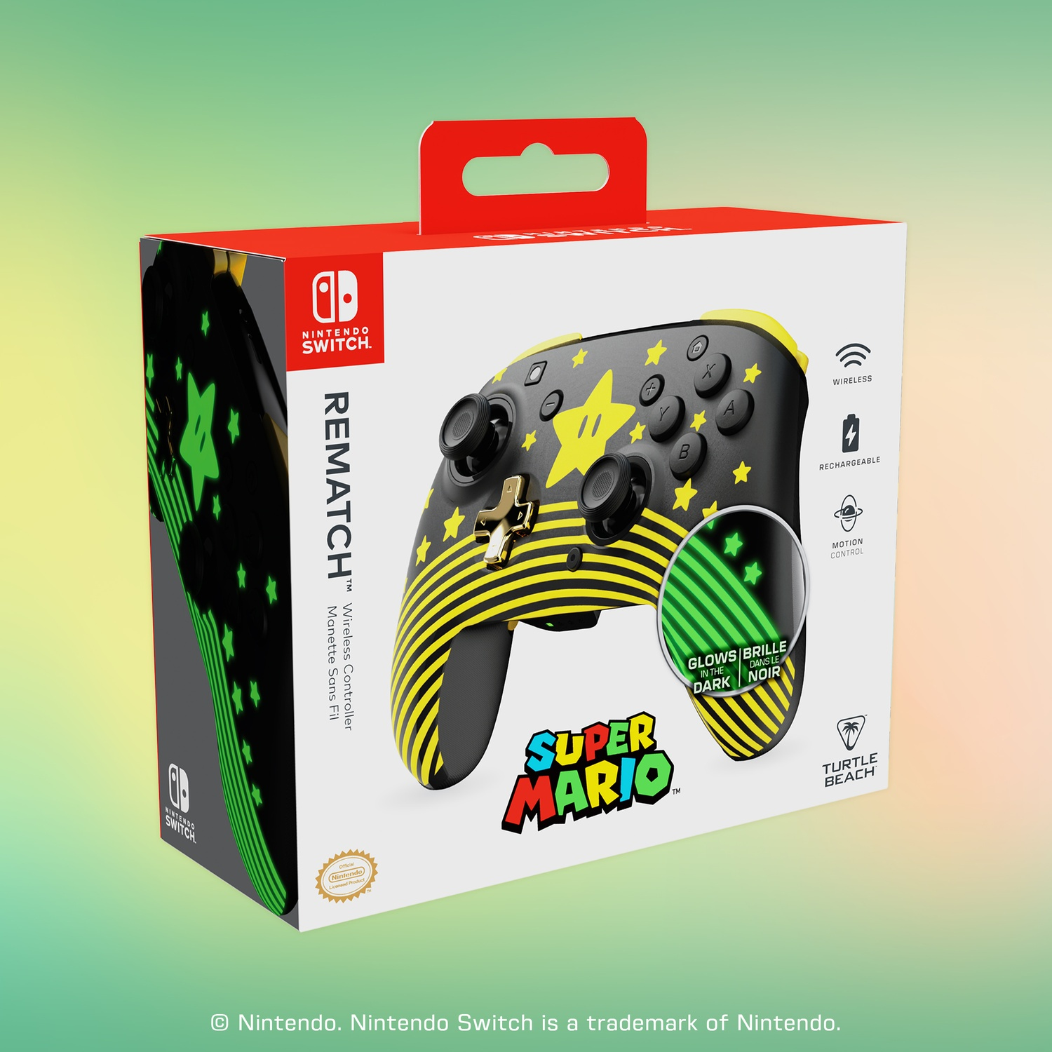 Una scatola del controller Nintendo Switch a tema Super Mario. Il controller è nero con stelle e strisce gialle. La scatola è rossa e bianca.