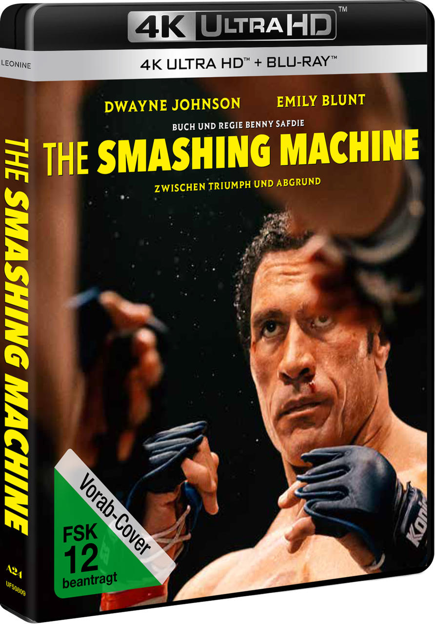 Filmcover. Dwayne Johnson mit Boxhandschuhen, Filmtitel 'The Smashing Machine'. Blu-ray-Label, FSK 12.
