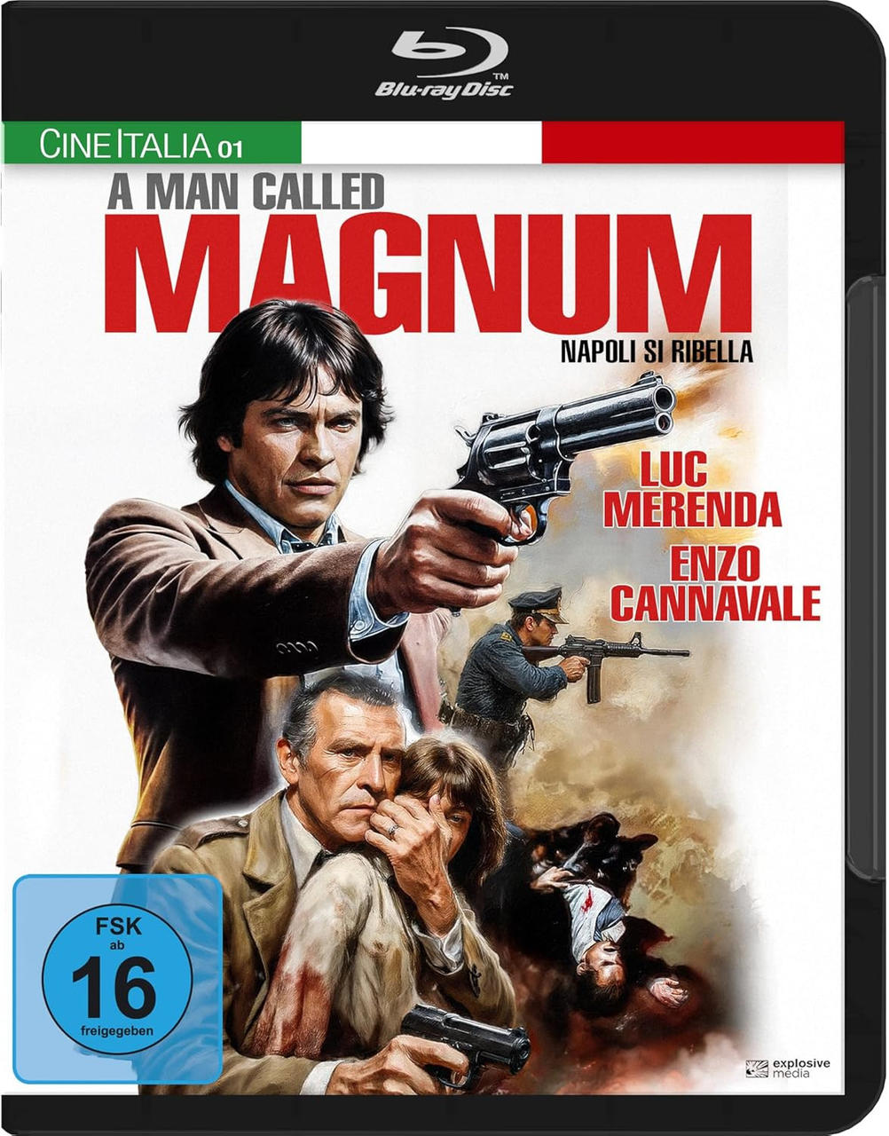 Filmcover: Mann mit Waffe. Titel 'A Man Called Magnum'. Weitere Figuren im Hintergrund, darunter ein Polizist mit Gewehr.