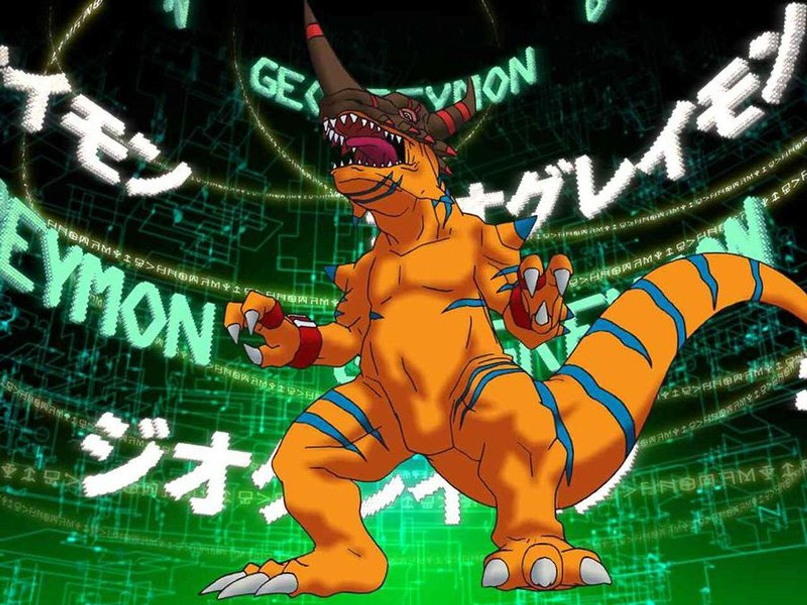 Orangener dinosaurierartiger Charakter mit blauen Streifen, trägt einen Helm, vor einem neongrünen Hintergrund mit japanischem Text.