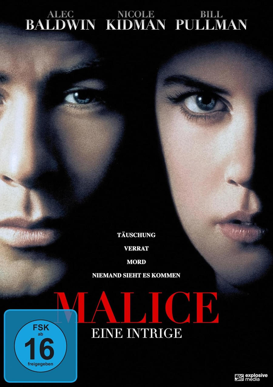 Kinoposter mit Alec Baldwin und Nicole Kidman. Text: Malice, Eine Intrige. FSK 16. Dunkler Hintergrund mit Filmtitel.