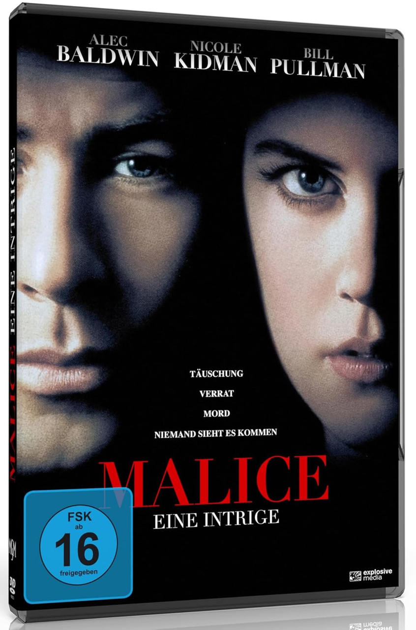 Filmcover mit Alec Baldwin und Nicole Kidman. Titel ist Malice, ein Thriller. Deutscher Text enthält 'Täuschung, Verrat, Mord'.