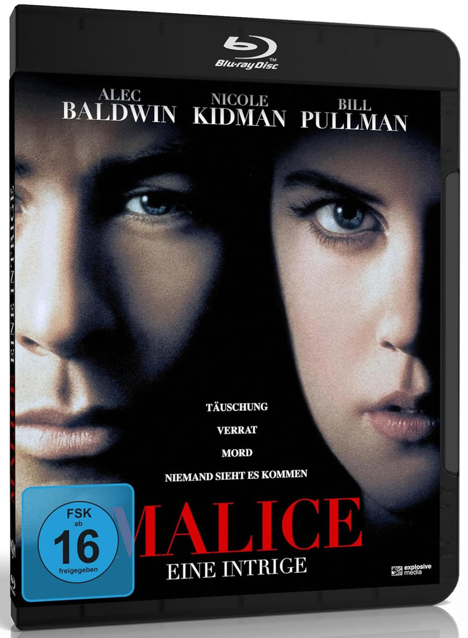Filmposter mit Alec Baldwin, Nicole Kidman und Bill Pullman. Der Titel lautet 'Malice'. Blu-ray Disc.