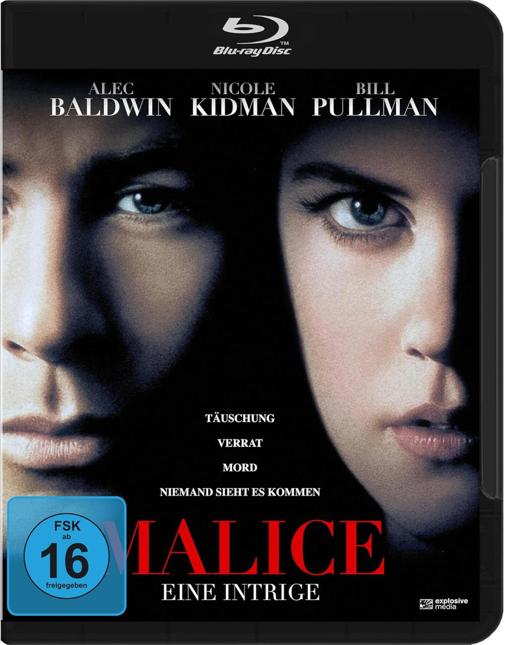 Blu-ray-Cover des Films 'Malice'. Gesichter von Alec Baldwin und Nicole Kidman. Text enthält Filmtitel, Schauspieler und Altersfreigabe.