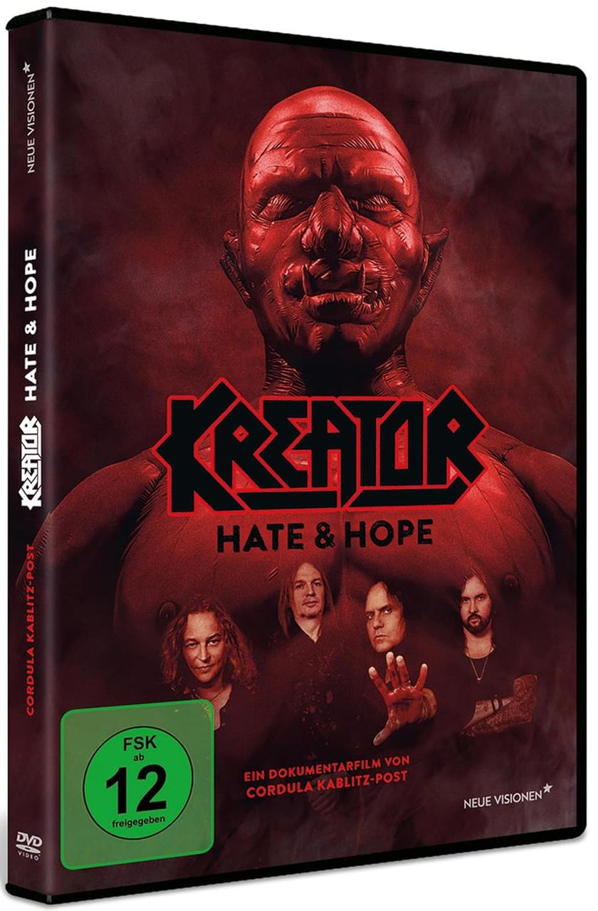 DVD-Cover. Roter Kopf mit dem Kreator-Bandlogo. Der Titel lautet 'Hate & Hope'. Die Bandmitglieder sind unten.