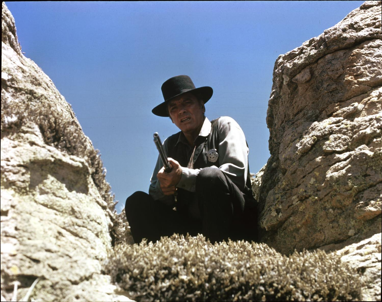 Ein Mann mit Cowboyhut hält eine Waffe und sitzt zwischen Felsen. Er trägt ein Abzeichen und ein Hemd, mit blauem Himmel im Hintergrund.