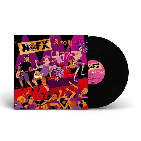 Albumcover mit der Band NOFX, die spielt, eine Schallplatte daneben. Menge im Vordergrund, Band auf der Bühne. Lila und schwarze Farben.