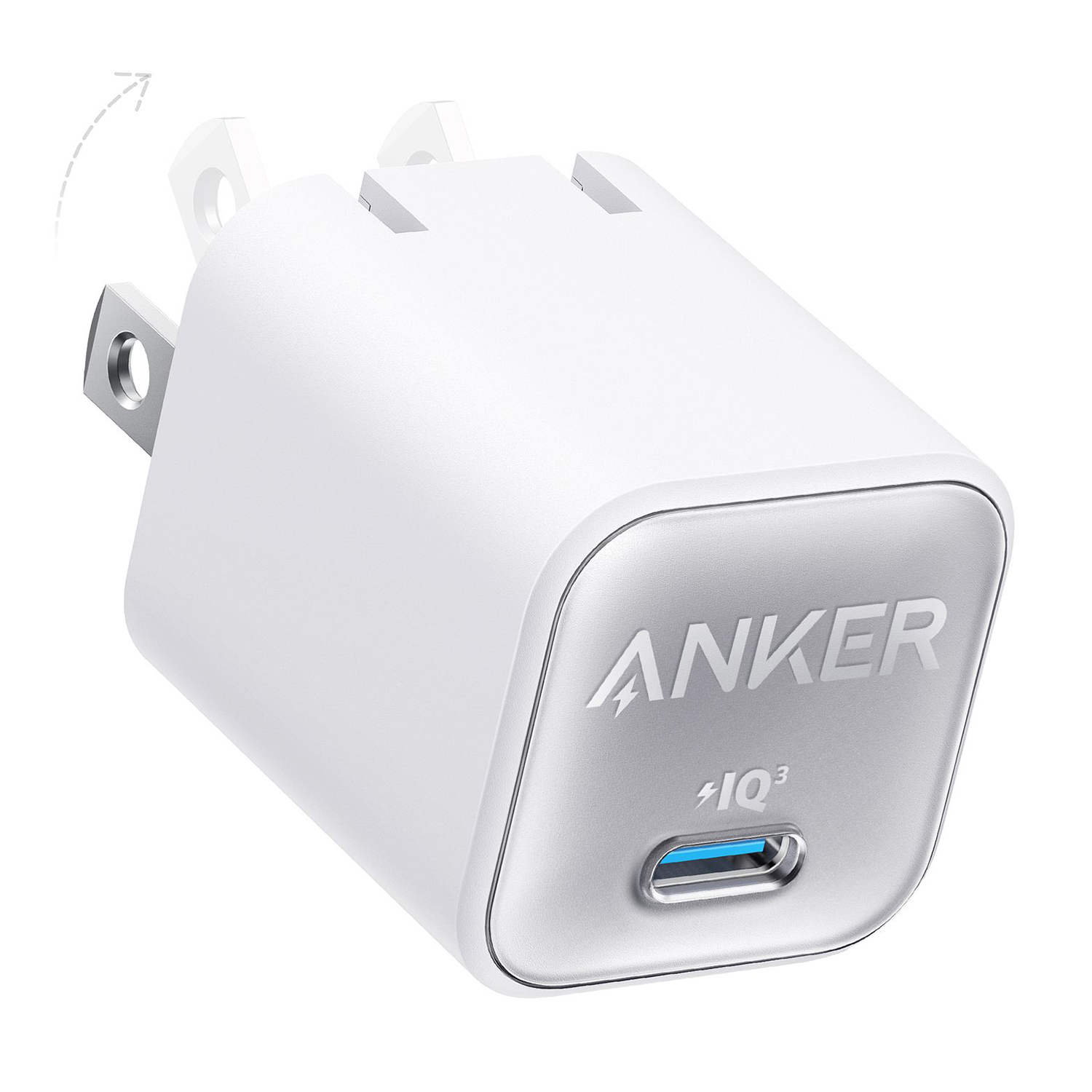 Un caricabatterie Anker bianco con spine pieghevoli. Ha una porta USB-C e il logo Anker. Lo sfondo è bianco.