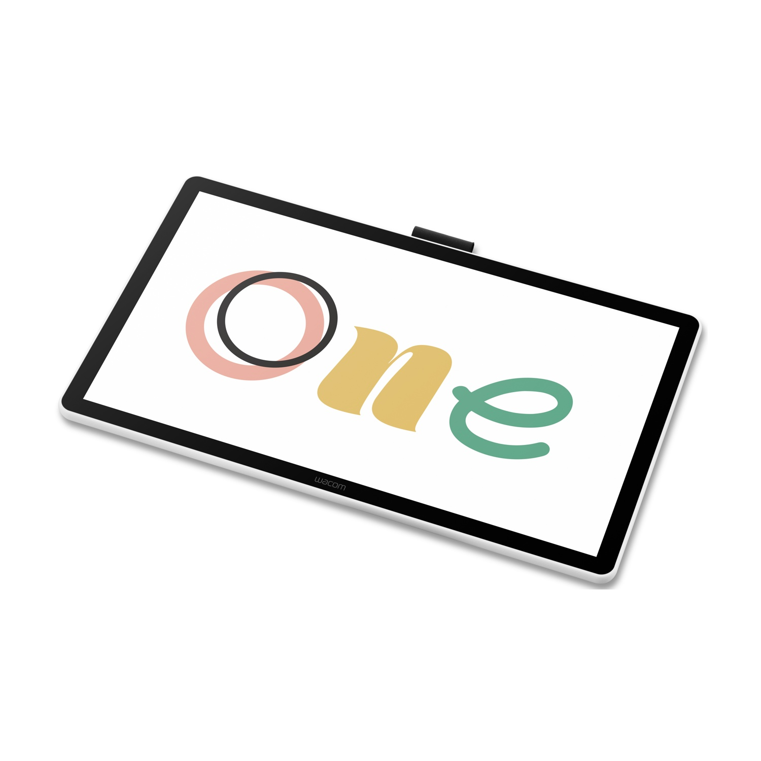 Una tavoletta grafica Wacom One, cornice bianca, bordo nero, con la parola "One" in lettere colorate sullo schermo.